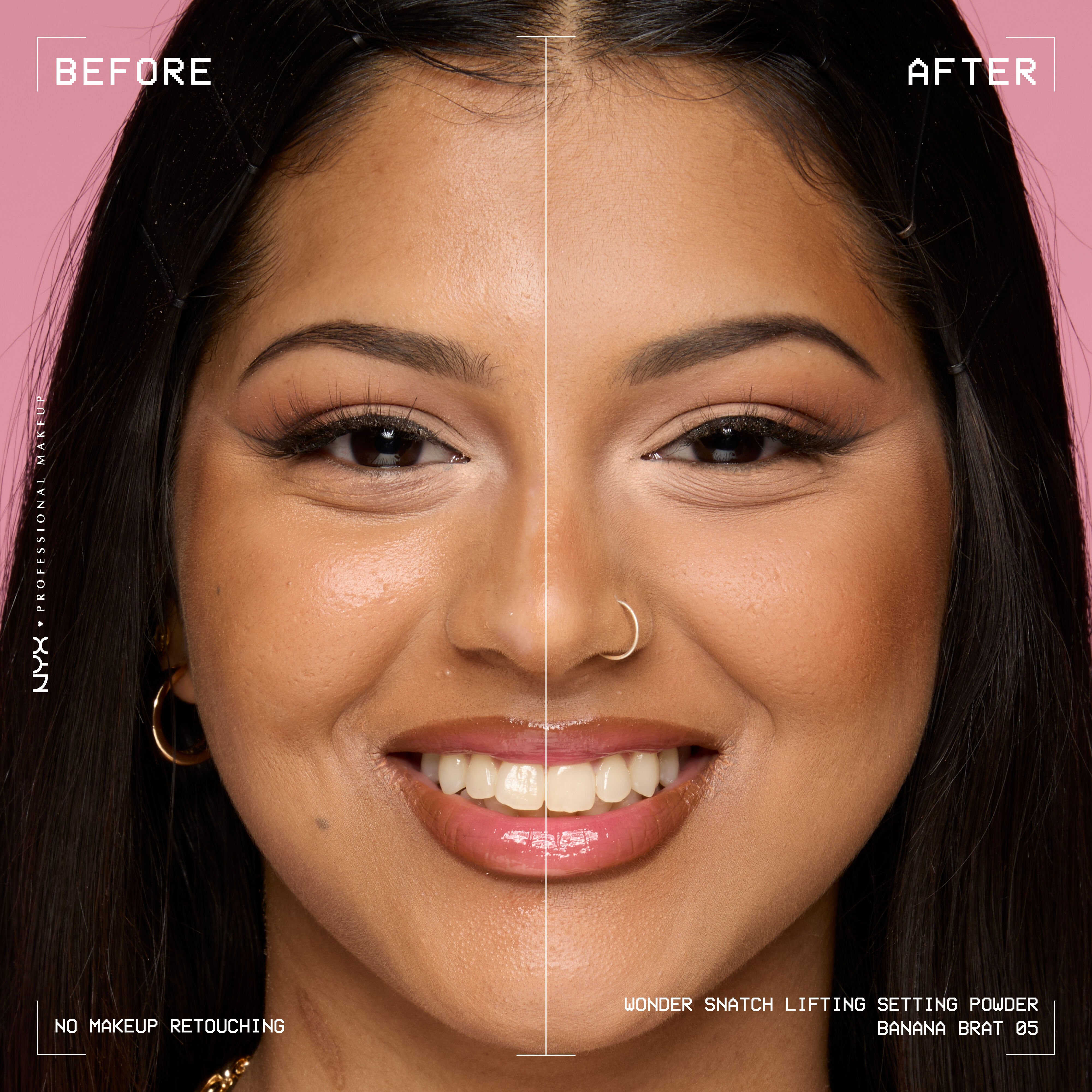 Smiling model before and after applying Wonder Snatch Loose Setting Powder in brightening yellow shade Banana Brat