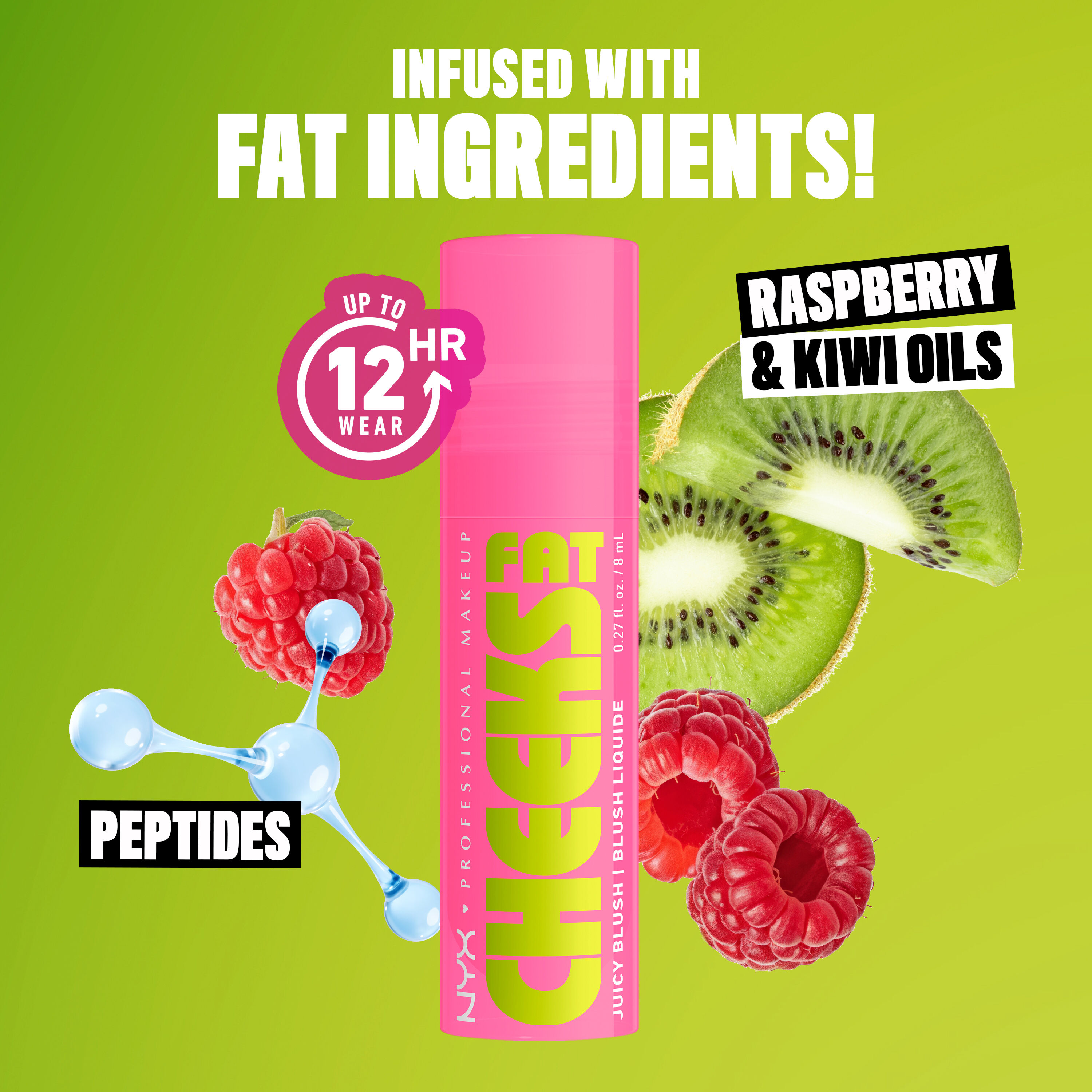 Fat Cheeks Juicy Blush with kiwis, raspberries, and artistic rendering of peptides to show hydrating ingredients