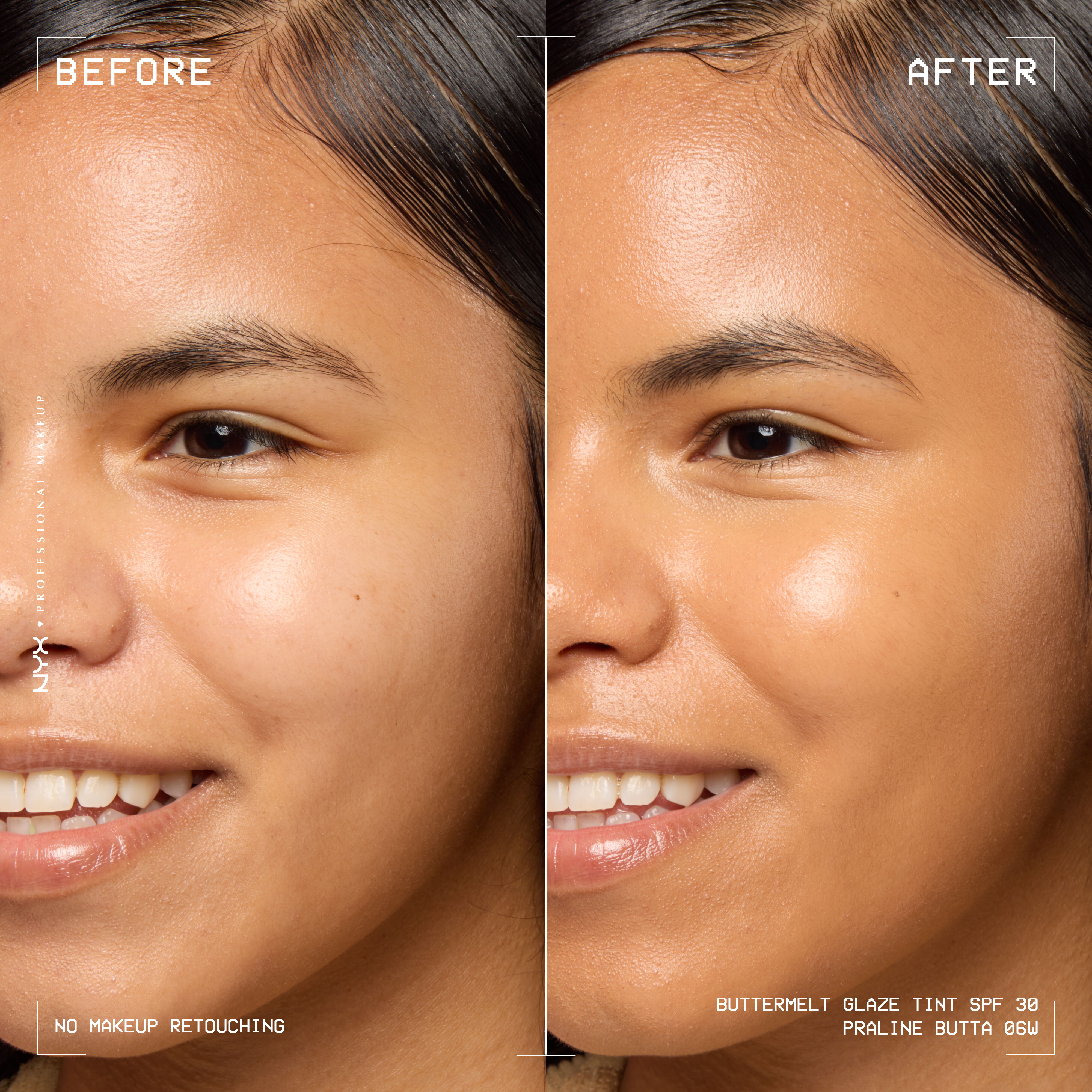 before and after images of person wearing Buttermelt Glaze Skin Tint with SPF 30