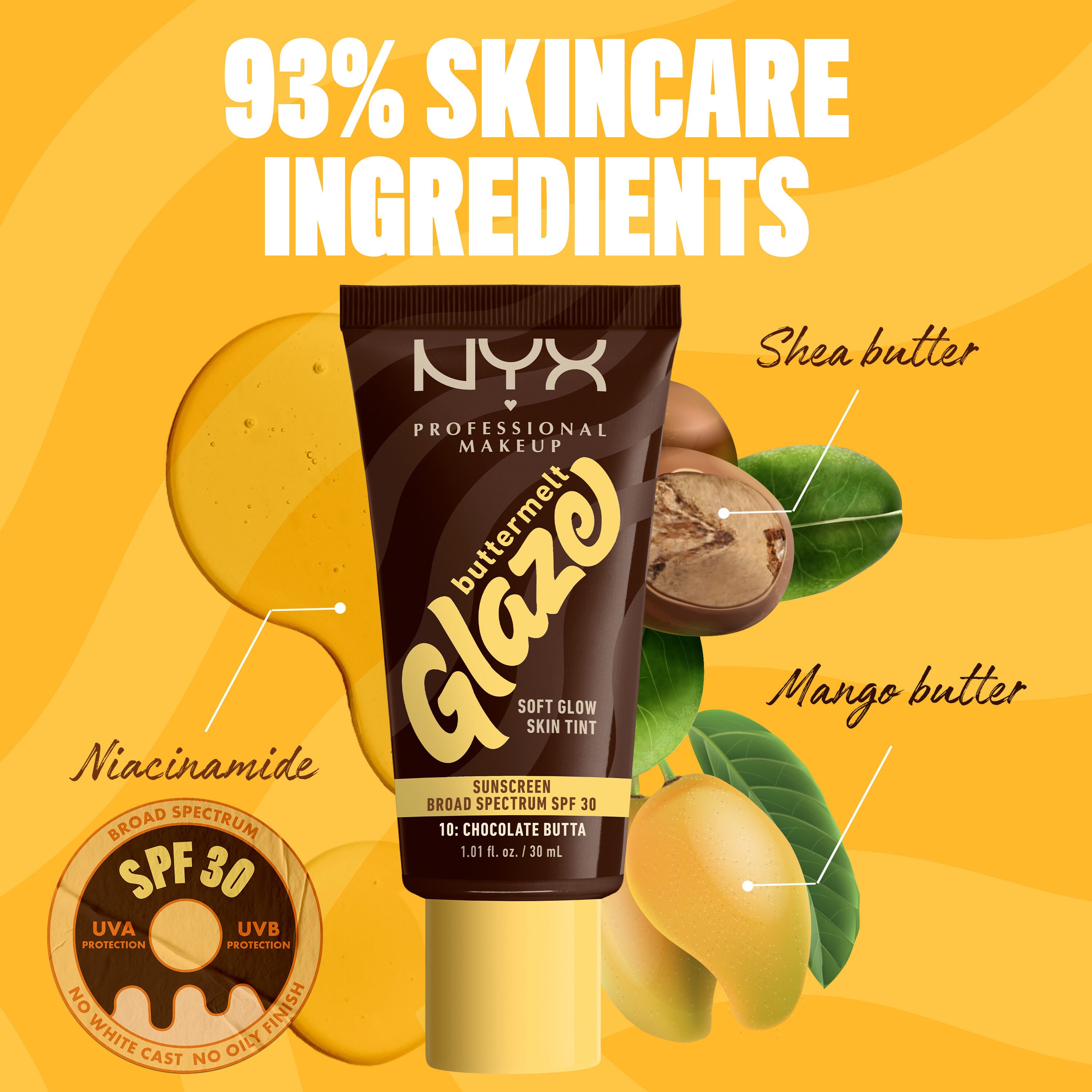 bottle of Buttermelt Glaze Skin Tint with SPF 30 with shea and mangoes with text “93% skincare ingredients”