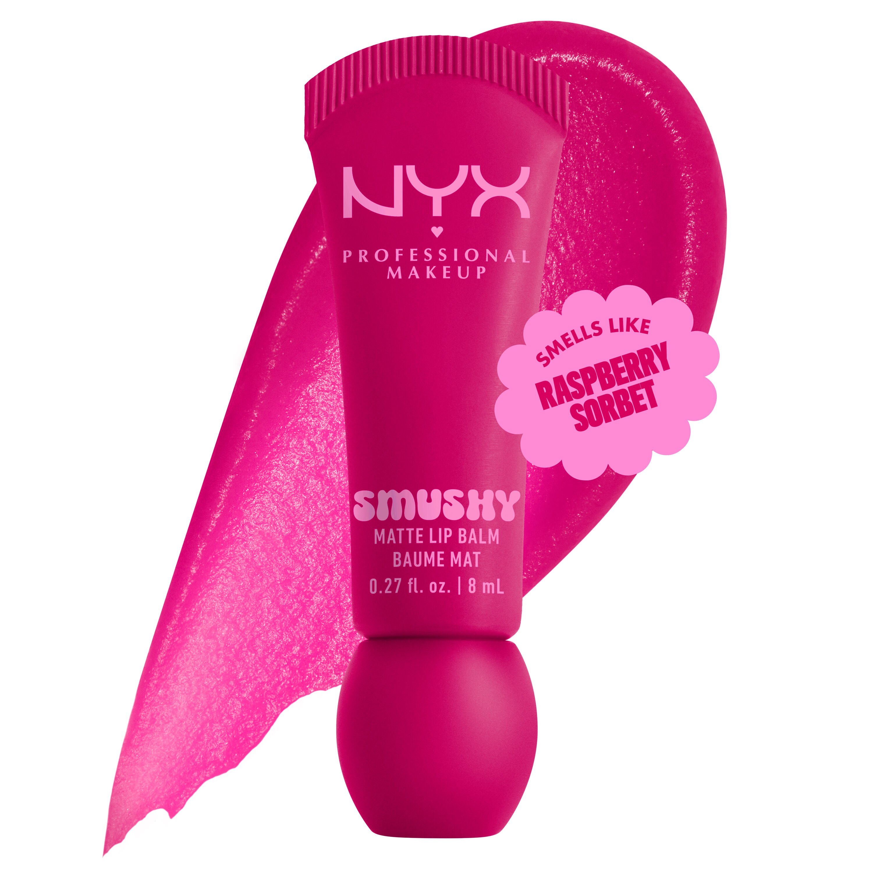 Smushy Matte Lip Balm in fuschia shade, She's Serving, on white background with lip balm color swatch