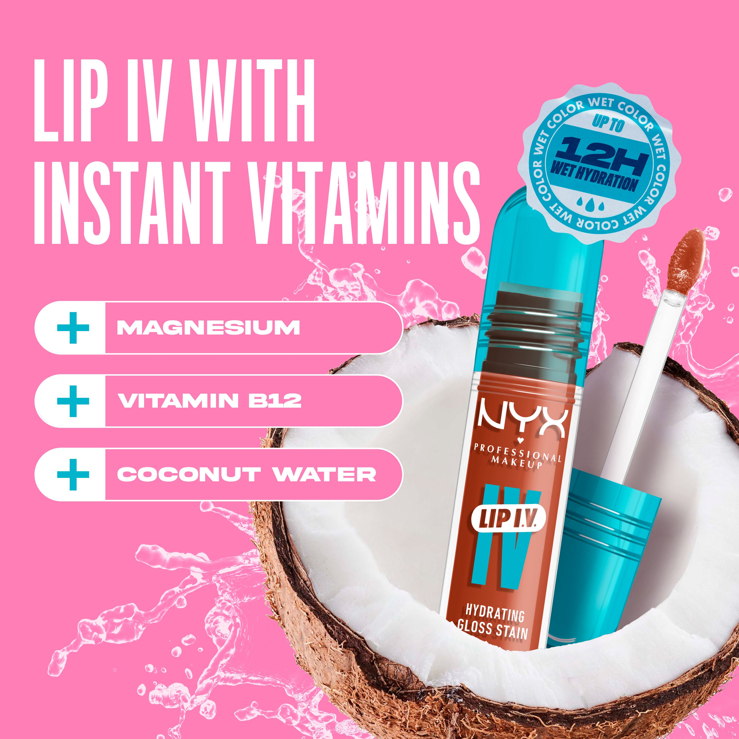 Lip I.V. Hydrating Gloss Lip Stain in a coconut with text "Lip I.V. with Instant Vitamins"