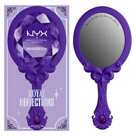 NYX Professional Makeup Bridgerton Royal Reflections Handheld Mirror shown in front of its decorative purple outer packaging on a white background.
