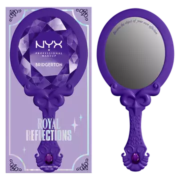 NYX Professional Makeup Bridgerton Royal Reflections Handheld Mirror shown in front of its decorative purple outer packaging on a white background.