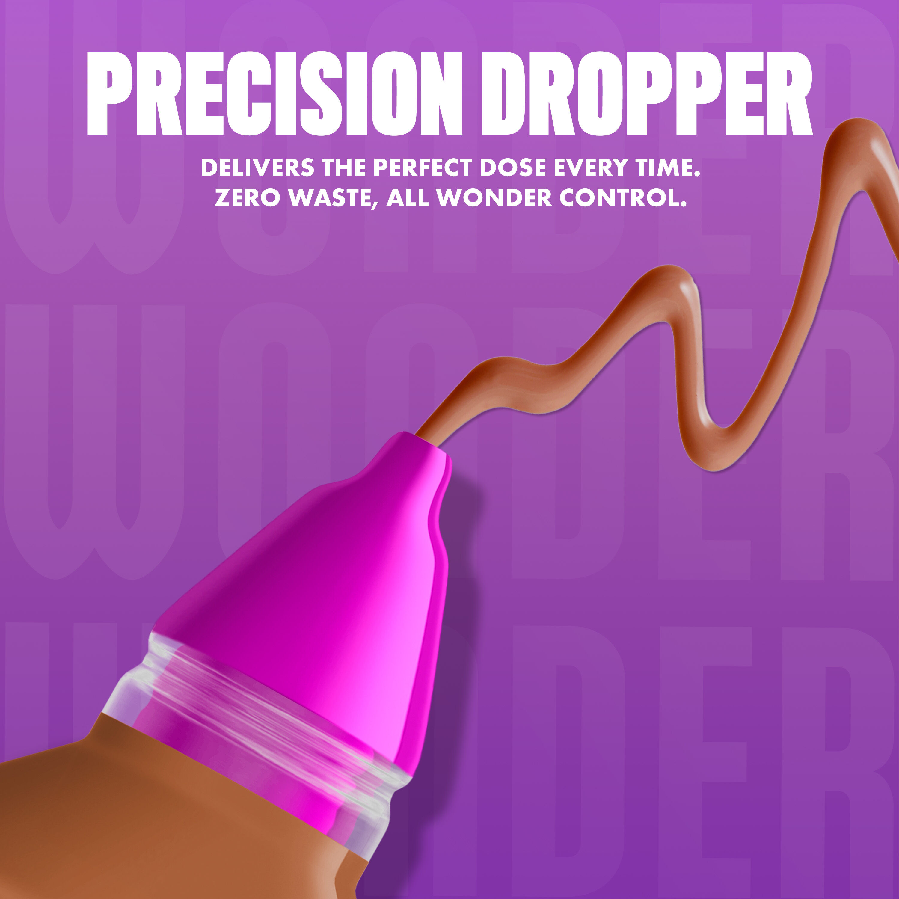 NYX Make ’Em Wonder Foundation in shade 33 Sienna releasing a smooth, light sienna brown foundation with text overlay “Precision Dropper.”