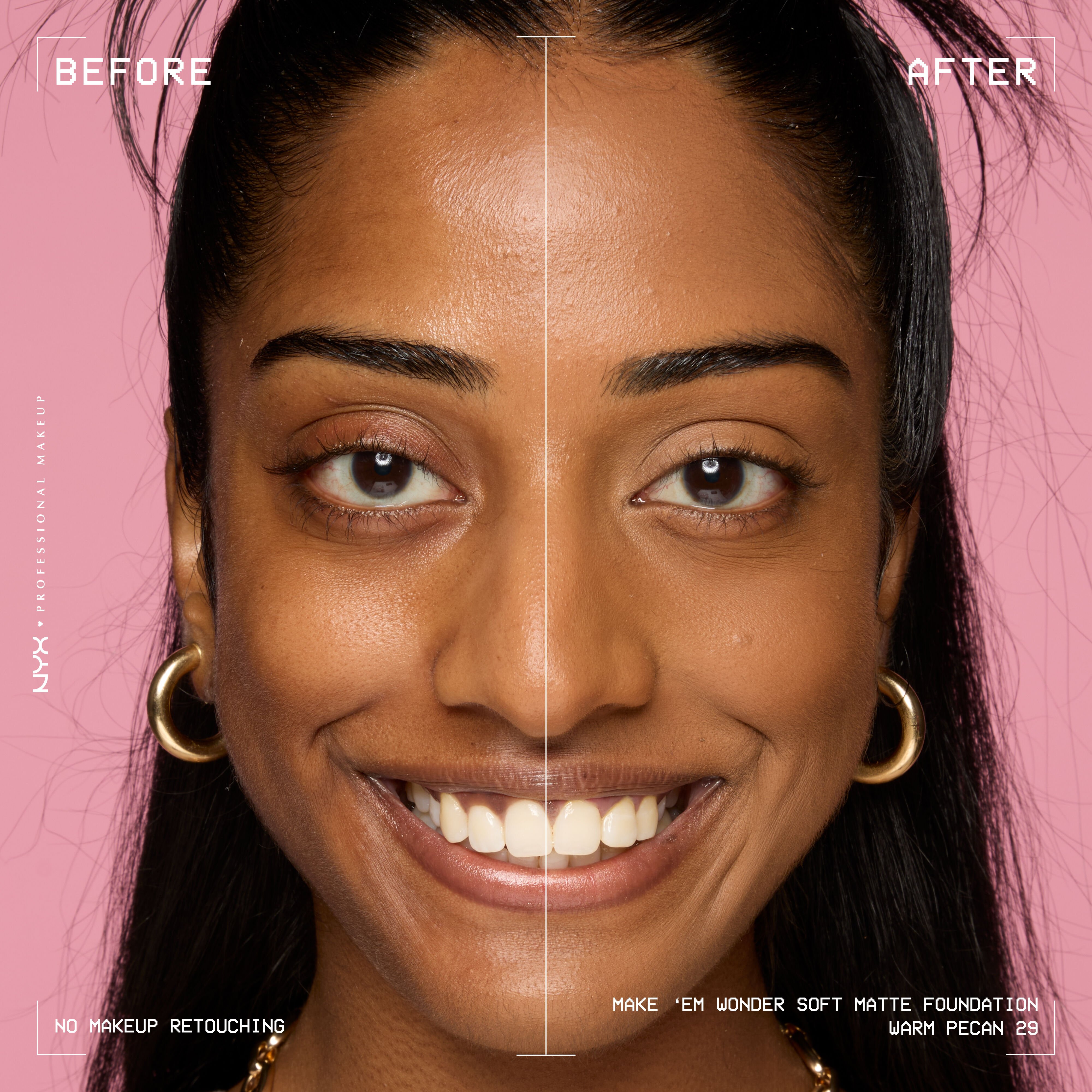 Before-and-after model wearing NYX Make ’Em Wonder Foundation shade 29 Warm Pecan, text overlay “Before / After.”