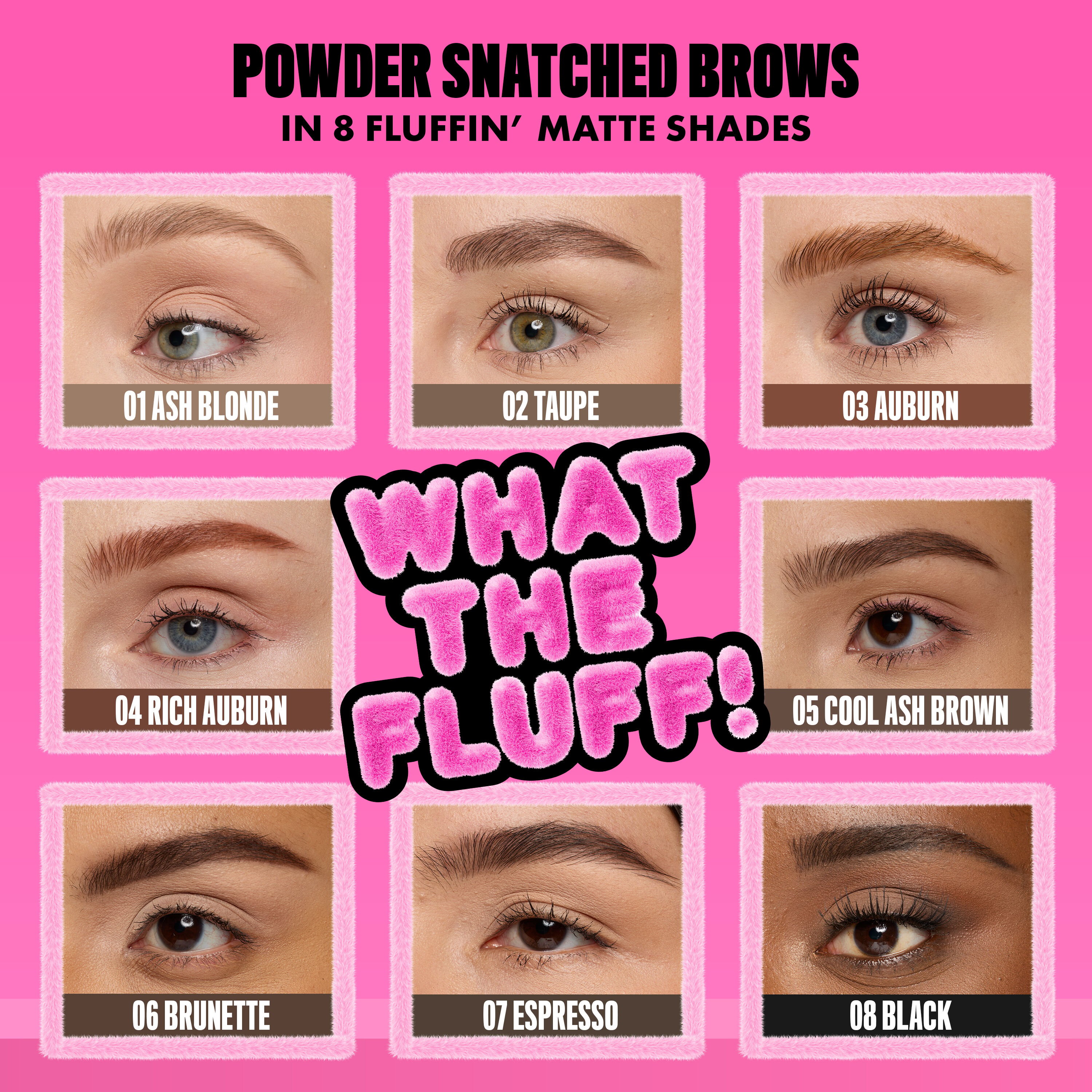 Nine brow macros in the shades of NYX Professional Makeup Fluff and Snatch Brow Powder Pen, pink background.
