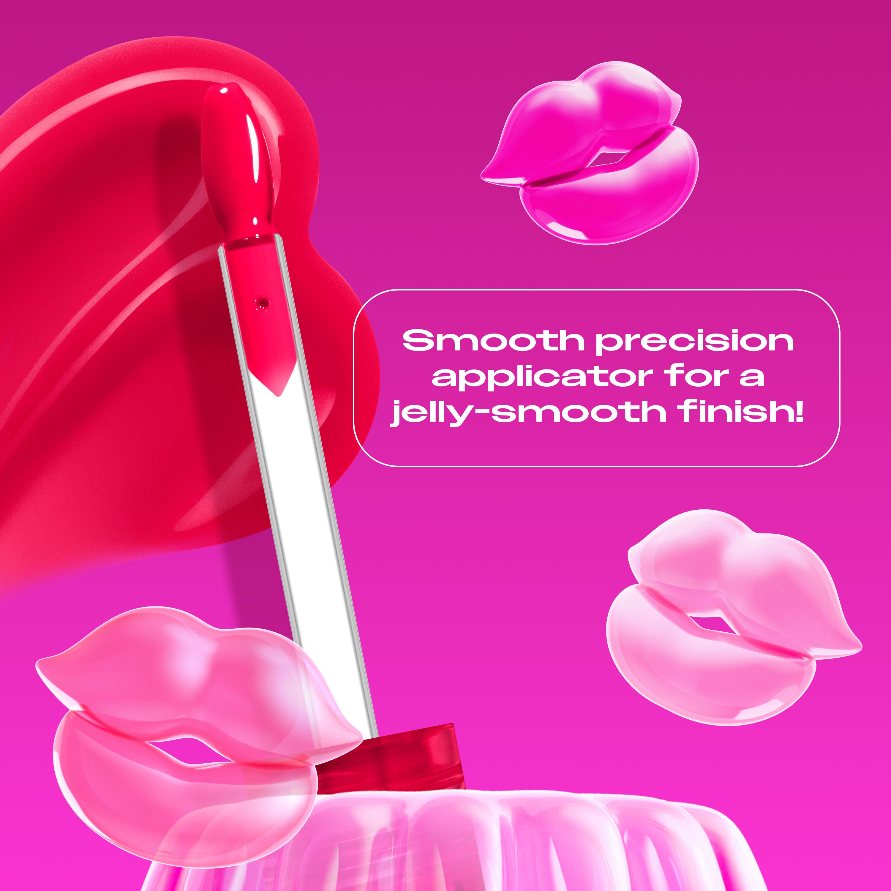 Jelly Job Lip Gloss applicator & swatch in shade 'Cherry Jelly', with text on precision applicator for smooth lip finish  
