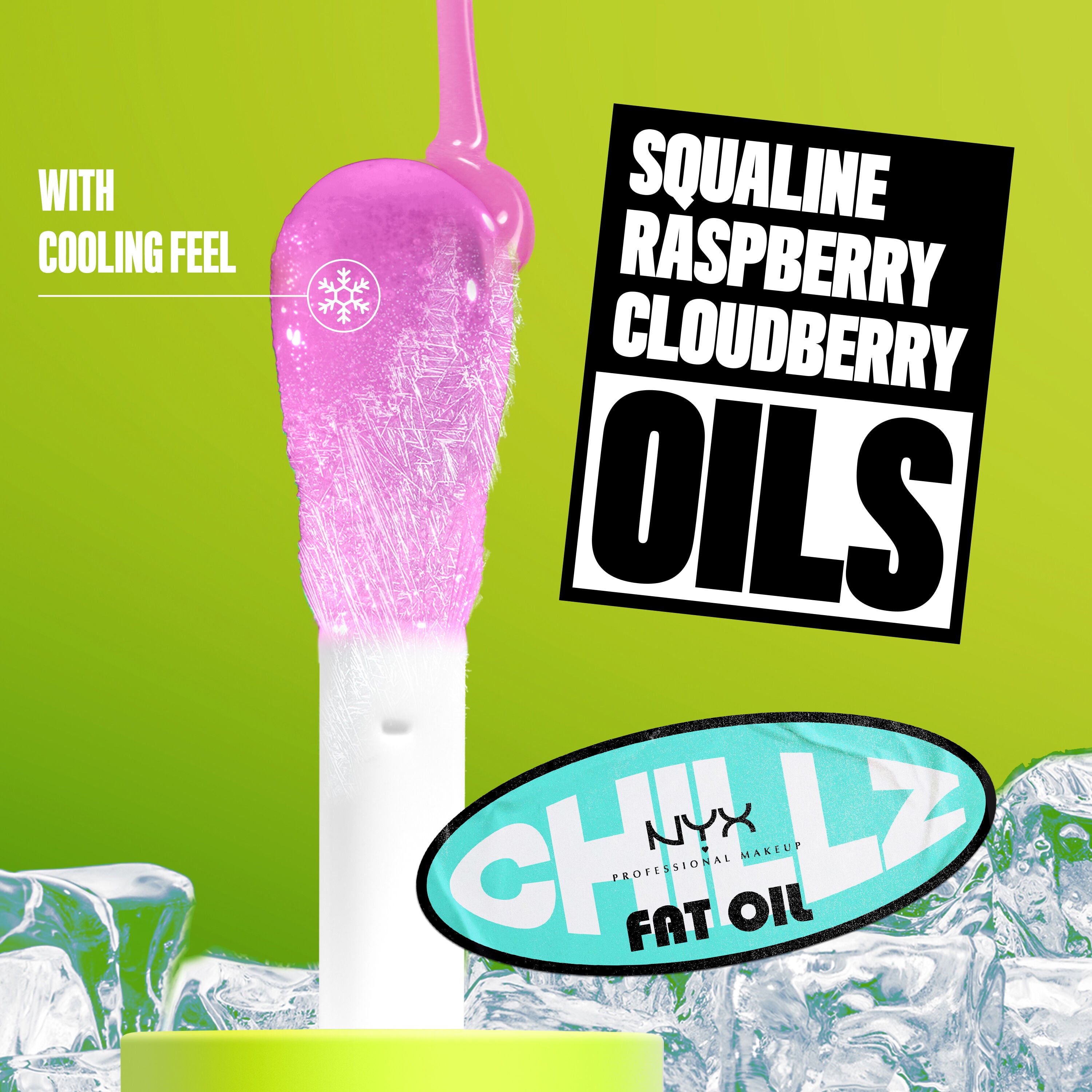 Fat Oil Chillz close up to applicator with shade Strawberry Slush. With cooling feel. Squaline, Raspberry, Cloudberry Oils. 