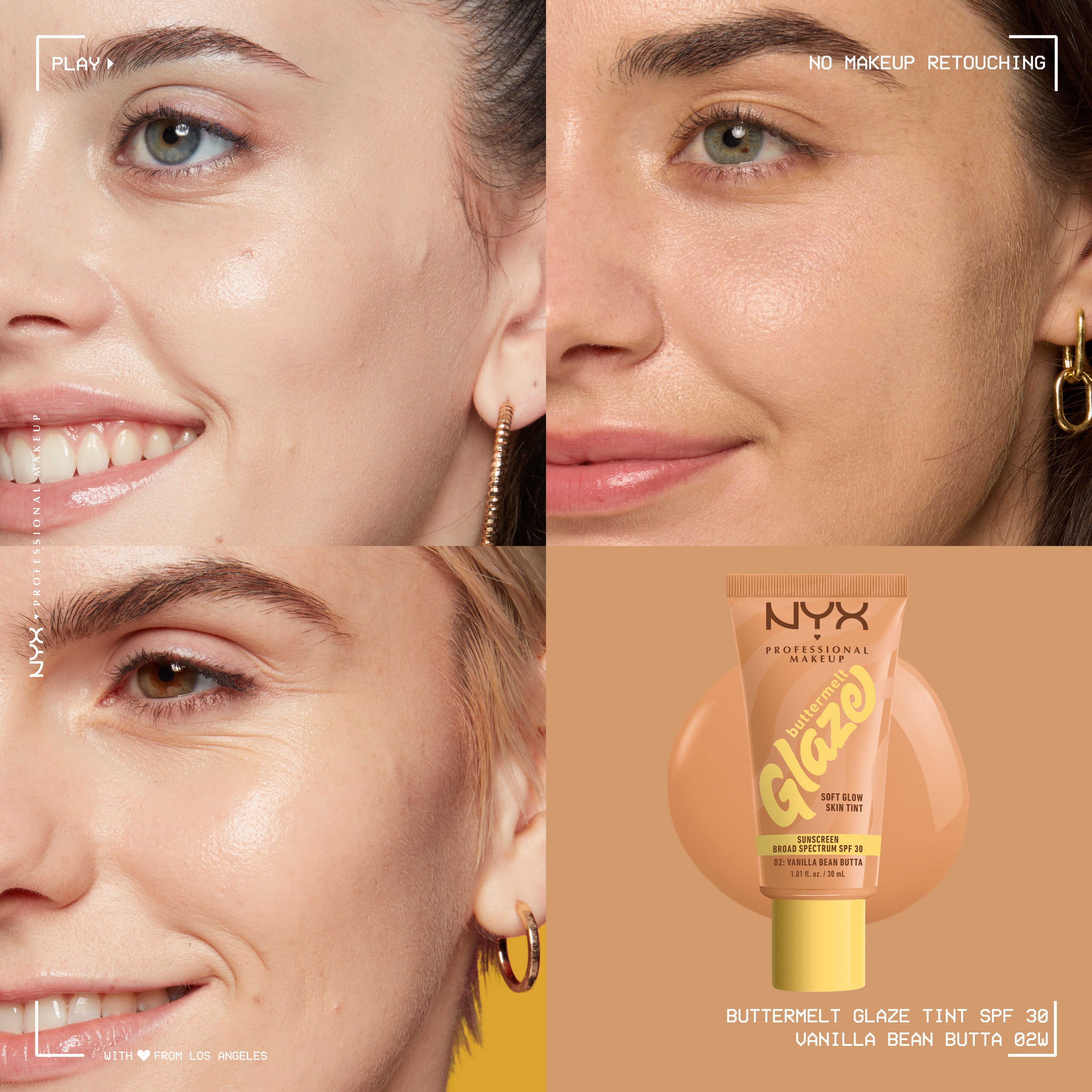 closeups of three models wearing Buttermelt Glaze Skin Tint with SPF 30 with bottle