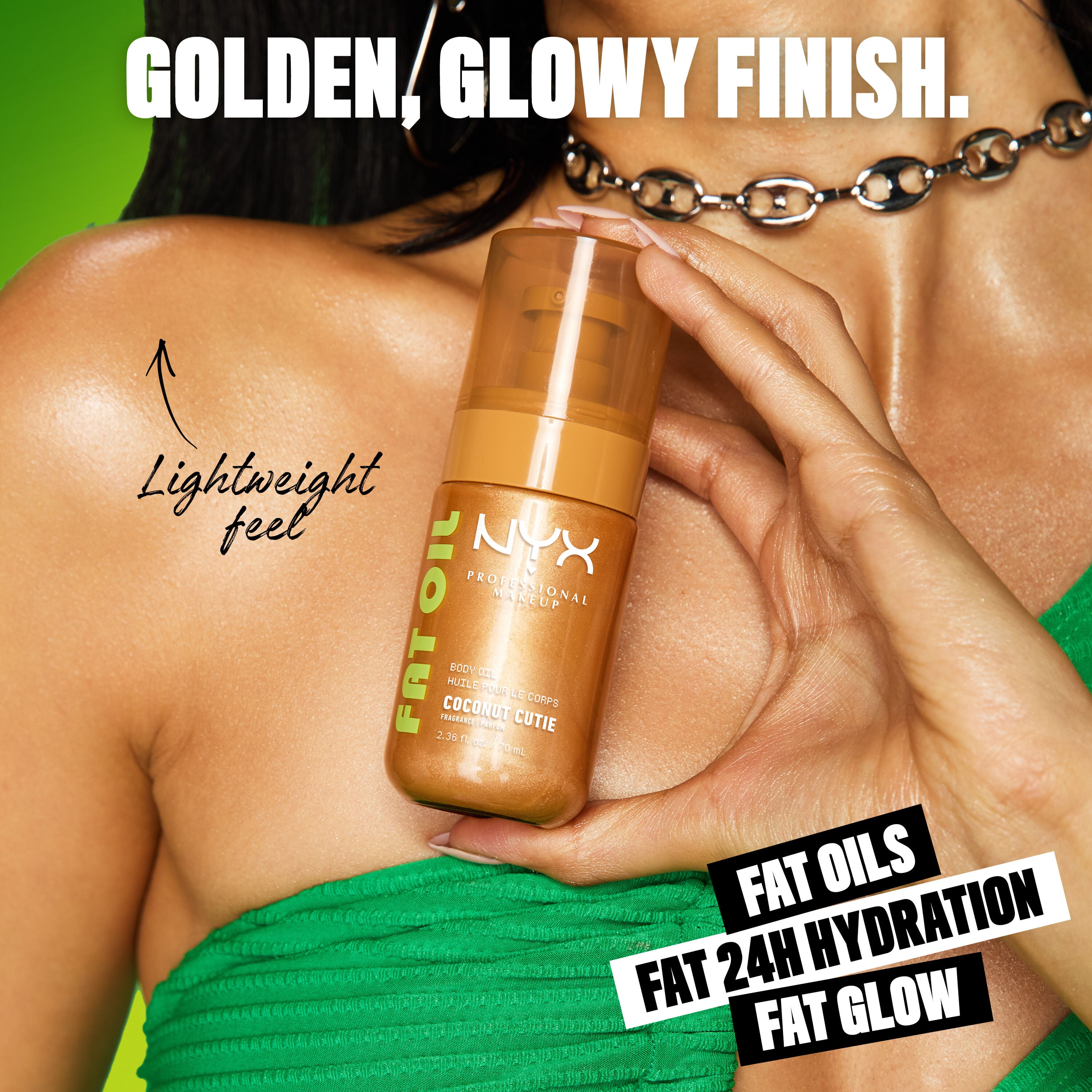 NYX Professional Makeup Body Oil in Coconut Cutie applied to skin, showing golden glowy finish with lightweight feel and 24-hour hydration.