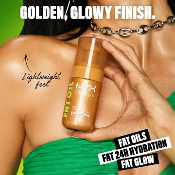 NYX Professional Makeup Body Oil in Coconut Cutie applied to skin, showing golden glowy finish with lightweight feel and 24-hour hydration.