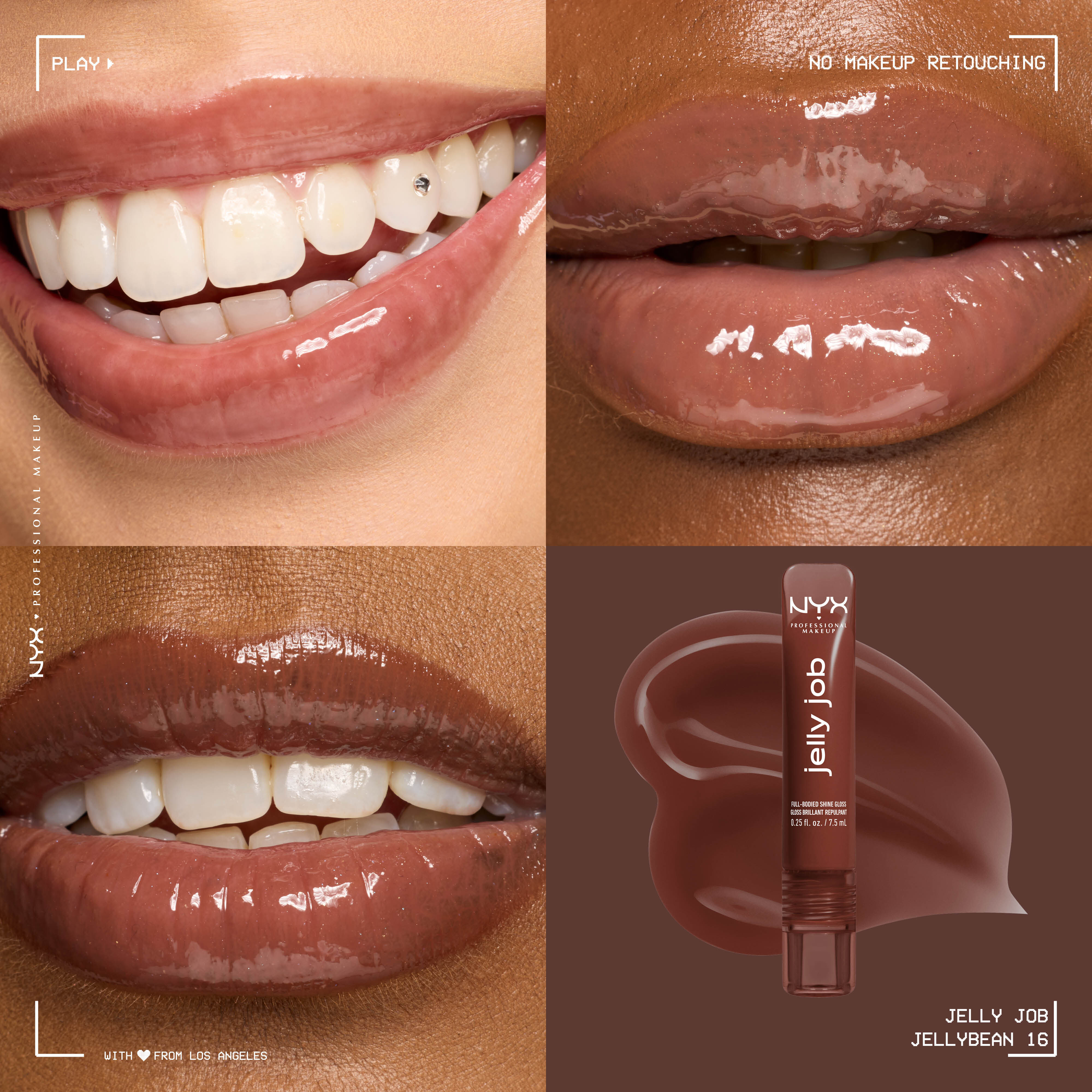 Close up of 3 models with varying skin tones wearing Jelly Job Jelly Lip Gloss in shade 'Jellybean', a chocolate brown color