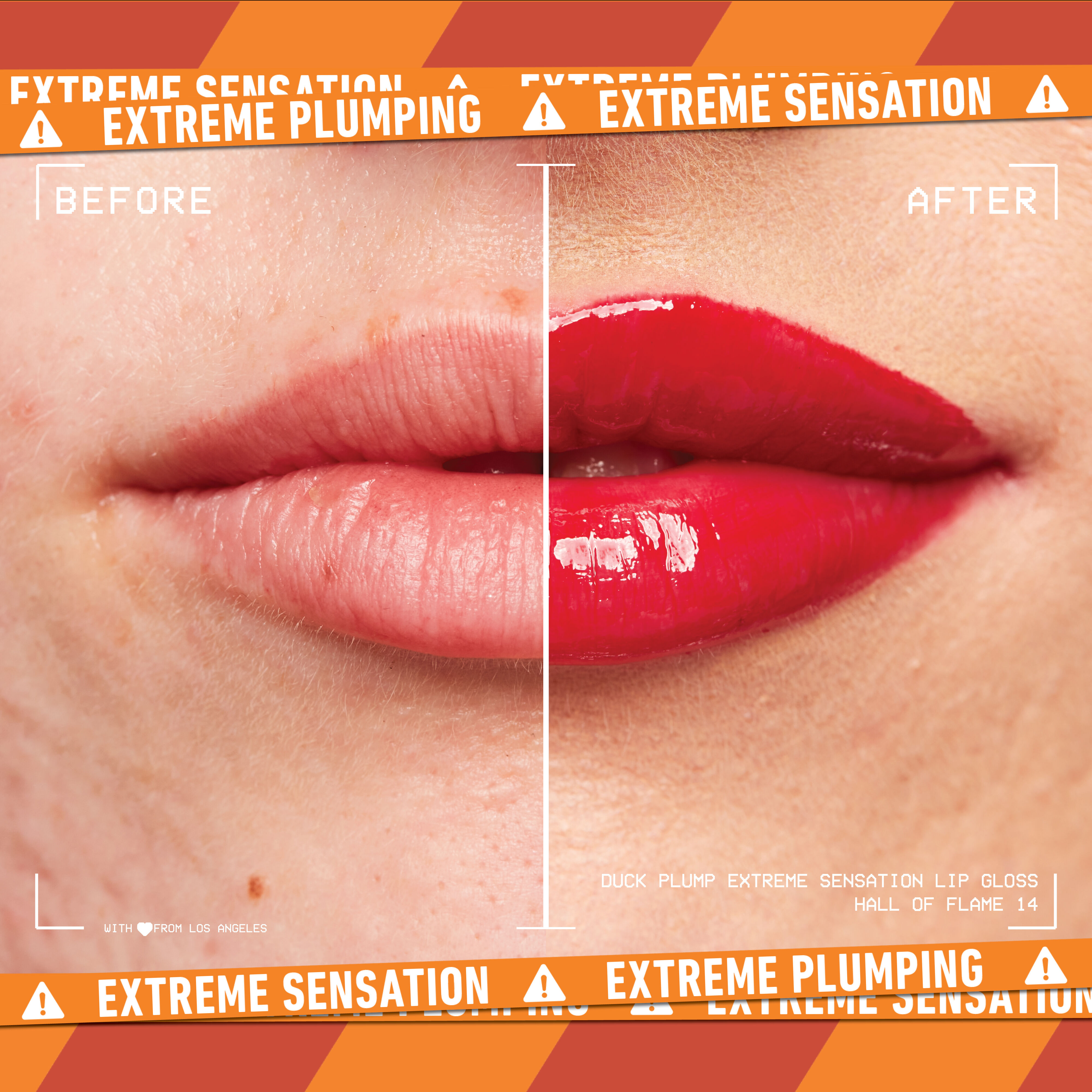 before and after image of lips with Duck Plump Lip Plumping Gloss
