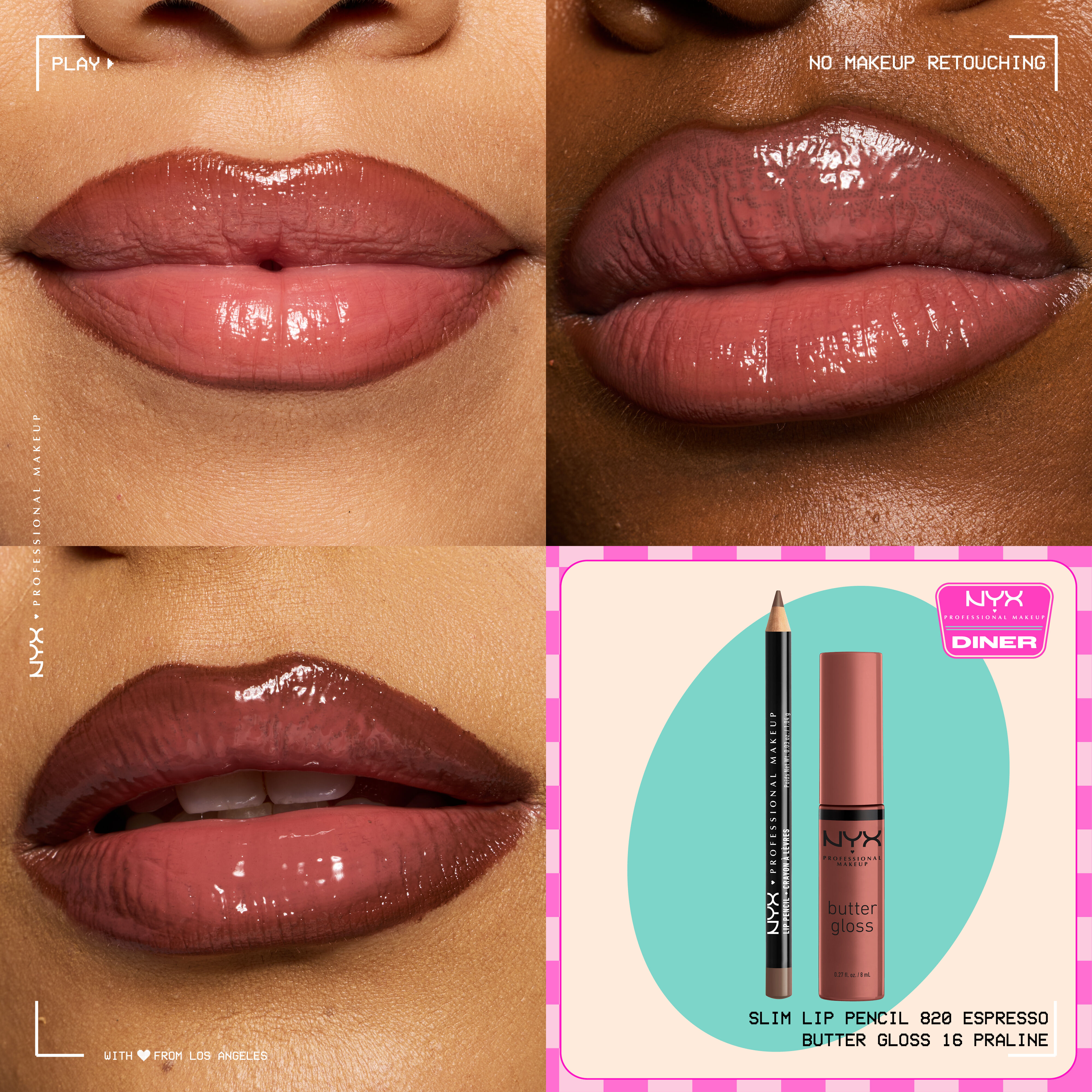 NYX Professional Makeup Slim Lip Pencil in 820 Espresso and Butter Gloss in 16 Praline shown on three lip close-ups with a small product duo packshot.