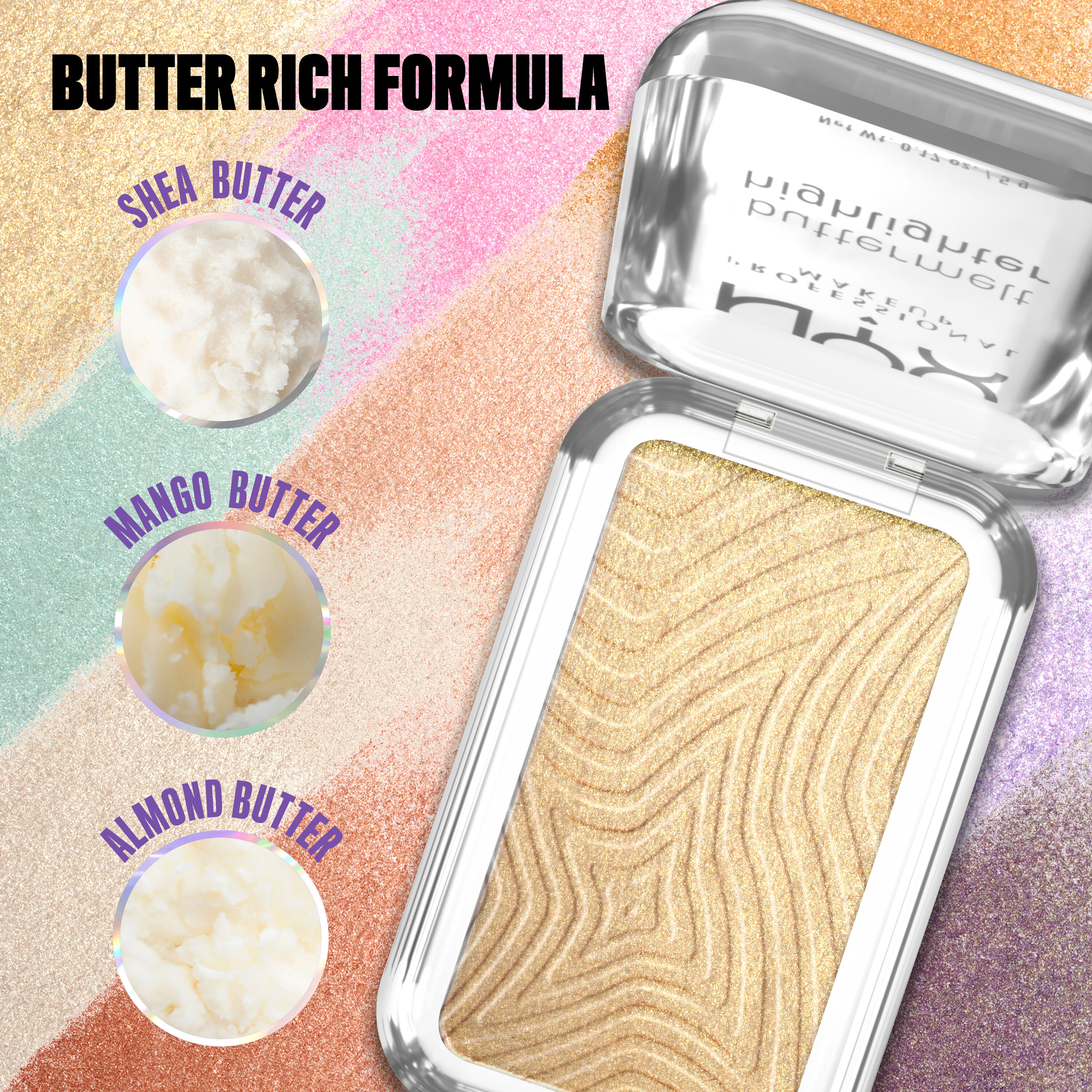 Open Buttermelt Highlighter in shade "Butta Than Gold", with image close-ups of shea, mango, and almond butter