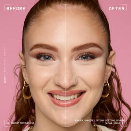 Smiling model before and after applying Wonder Snatch Loose Setting Powder in translucent light shade Sugar Serve