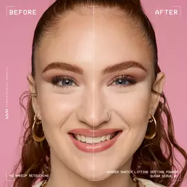Smiling model before and after applying Wonder Snatch Loose Setting Powder in translucent light shade Sugar Serve