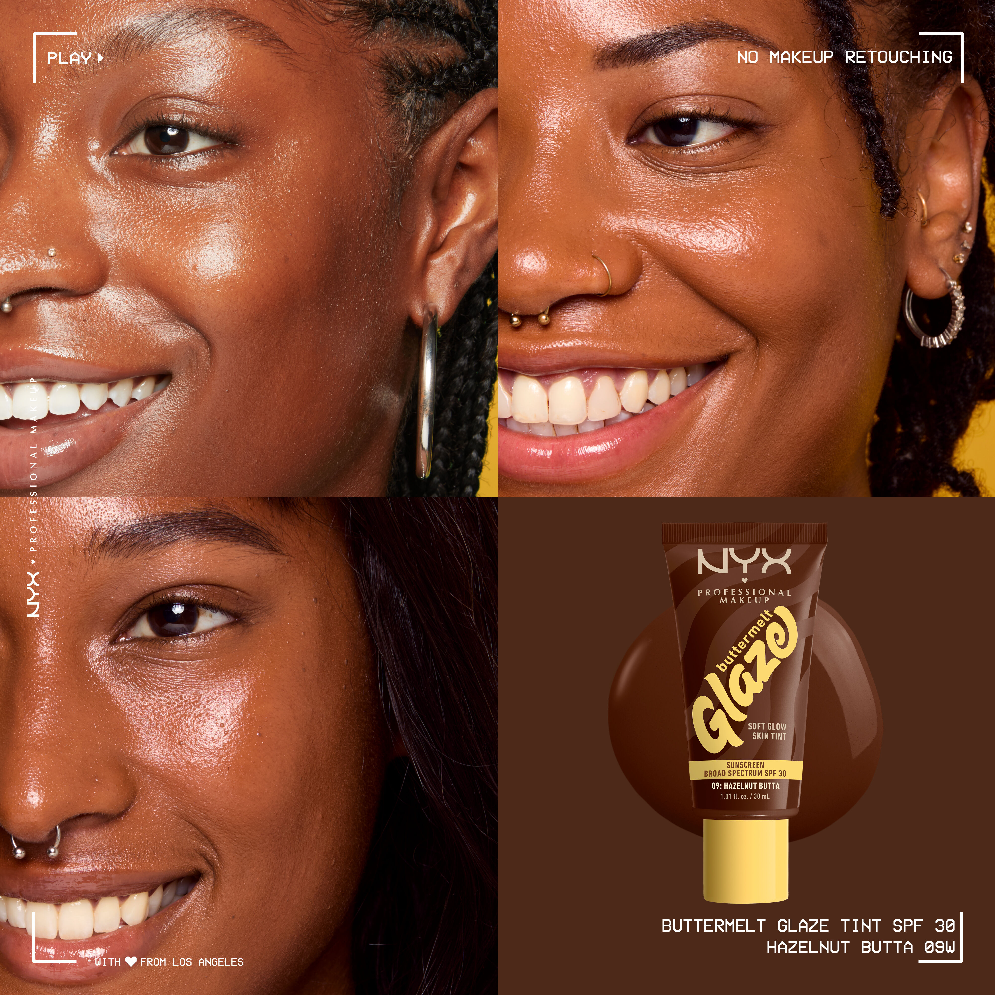closeups of three models wearing Buttermelt Glaze Skin Tint with SPF 30 with bottle