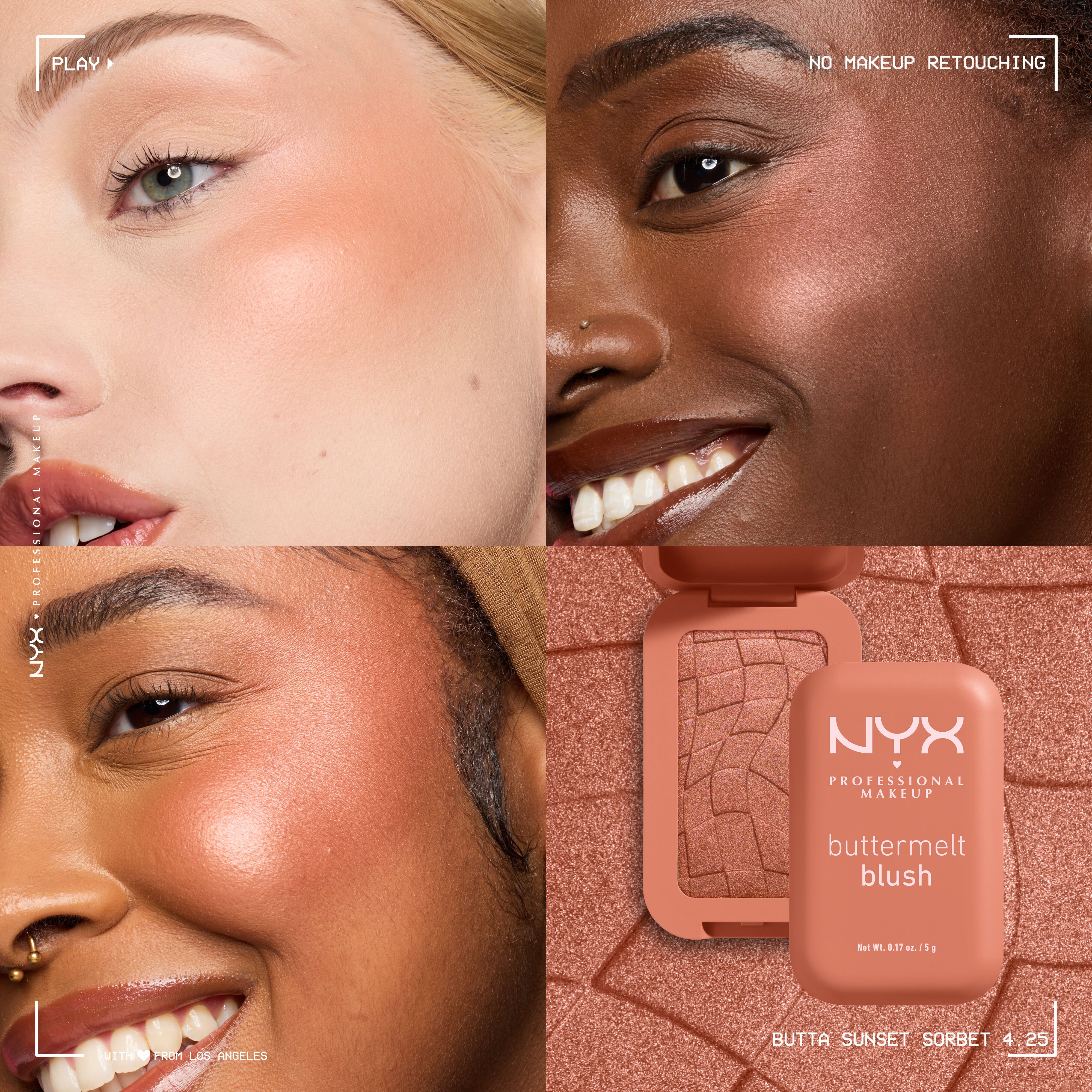 Three close-up cheek shots in fair, deep, and medium skin tones each wearing NYX Professional Makeup Buttermelt Blush in 4.25 Butta Sunset Sorbet, a glowy peach powder blush, alongside the open compact.