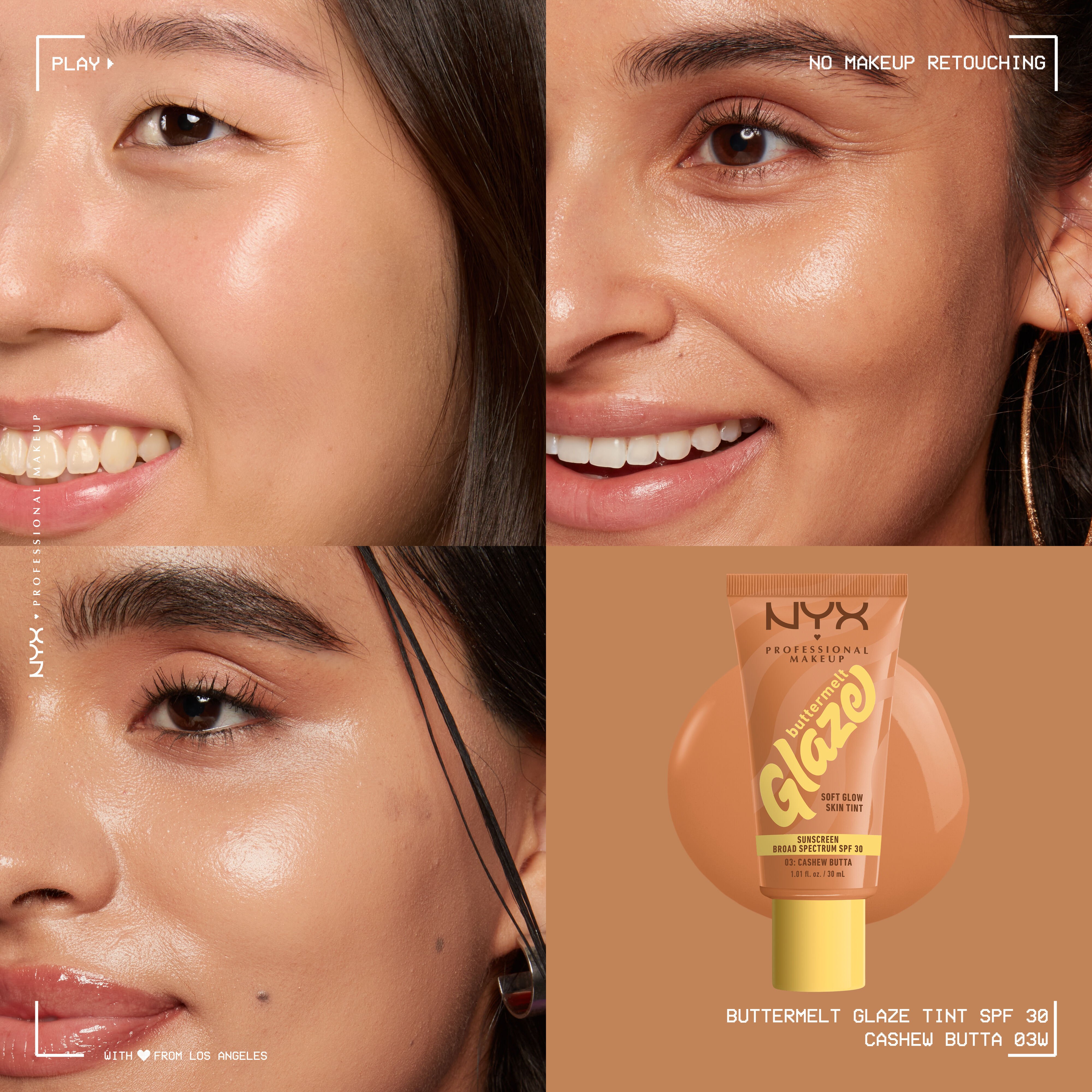 closeups of three models wearing Buttermelt Glaze Skin Tint with SPF 30 with bottle