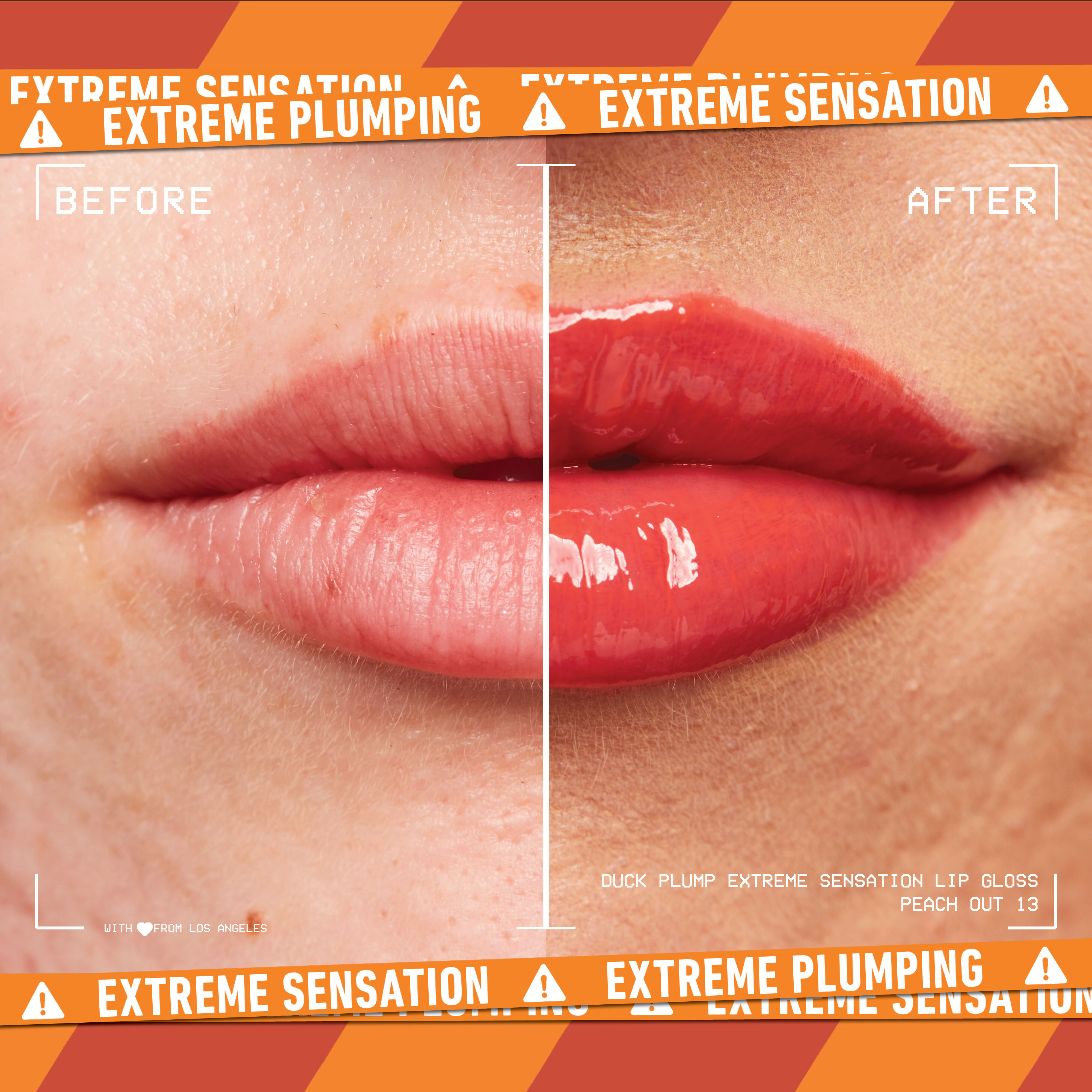 before and after image of lips with Duck Plump Lip Plumping Gloss