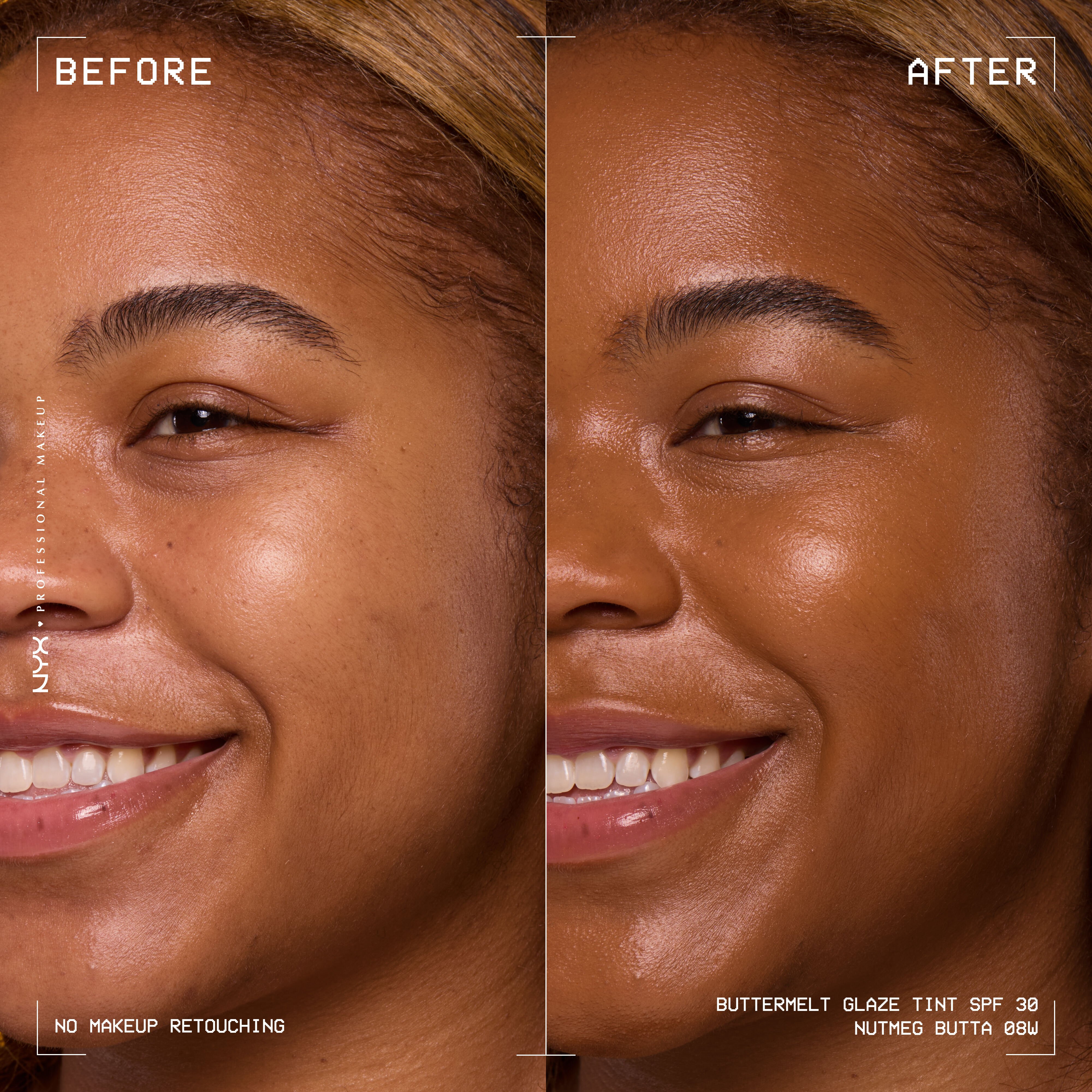 before and after images of person wearing Buttermelt Glaze Skin Tint with SPF 30