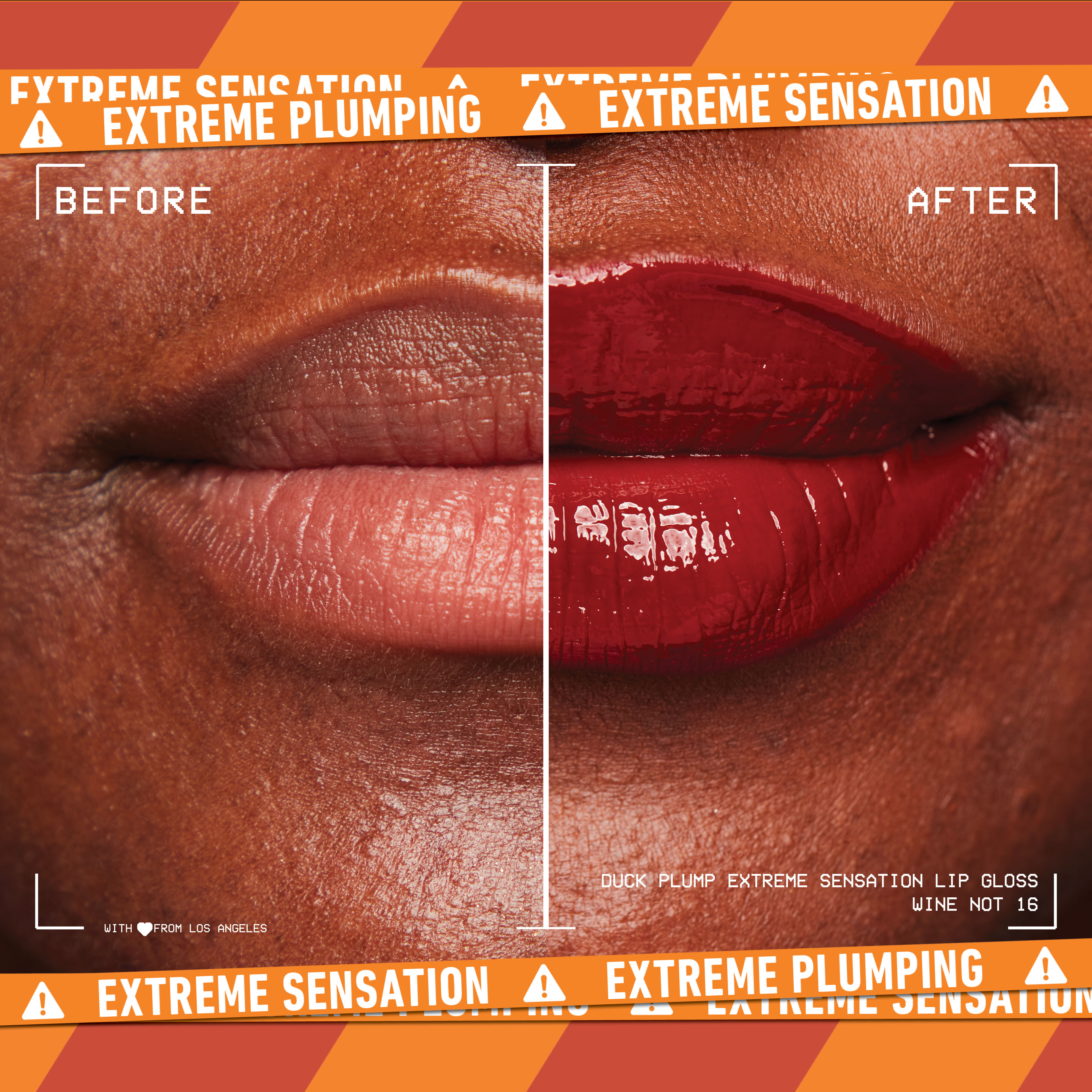 before and after image of lips with Duck Plump Lip Plumping Gloss