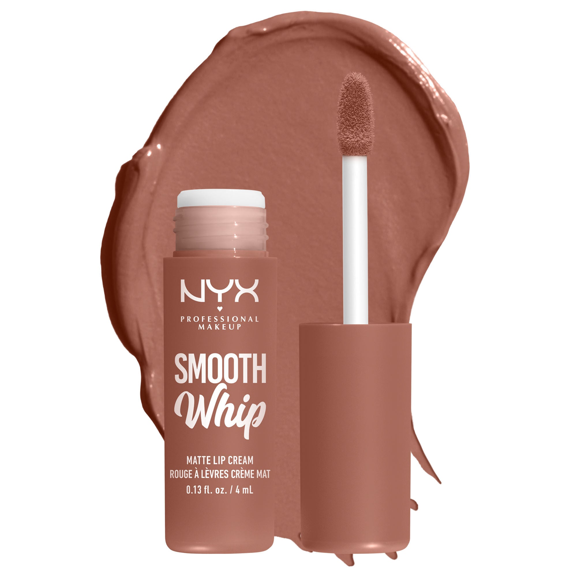 Smooth Whip Matte Lip Cream open tube on white background & dark green blue lip cream smear
