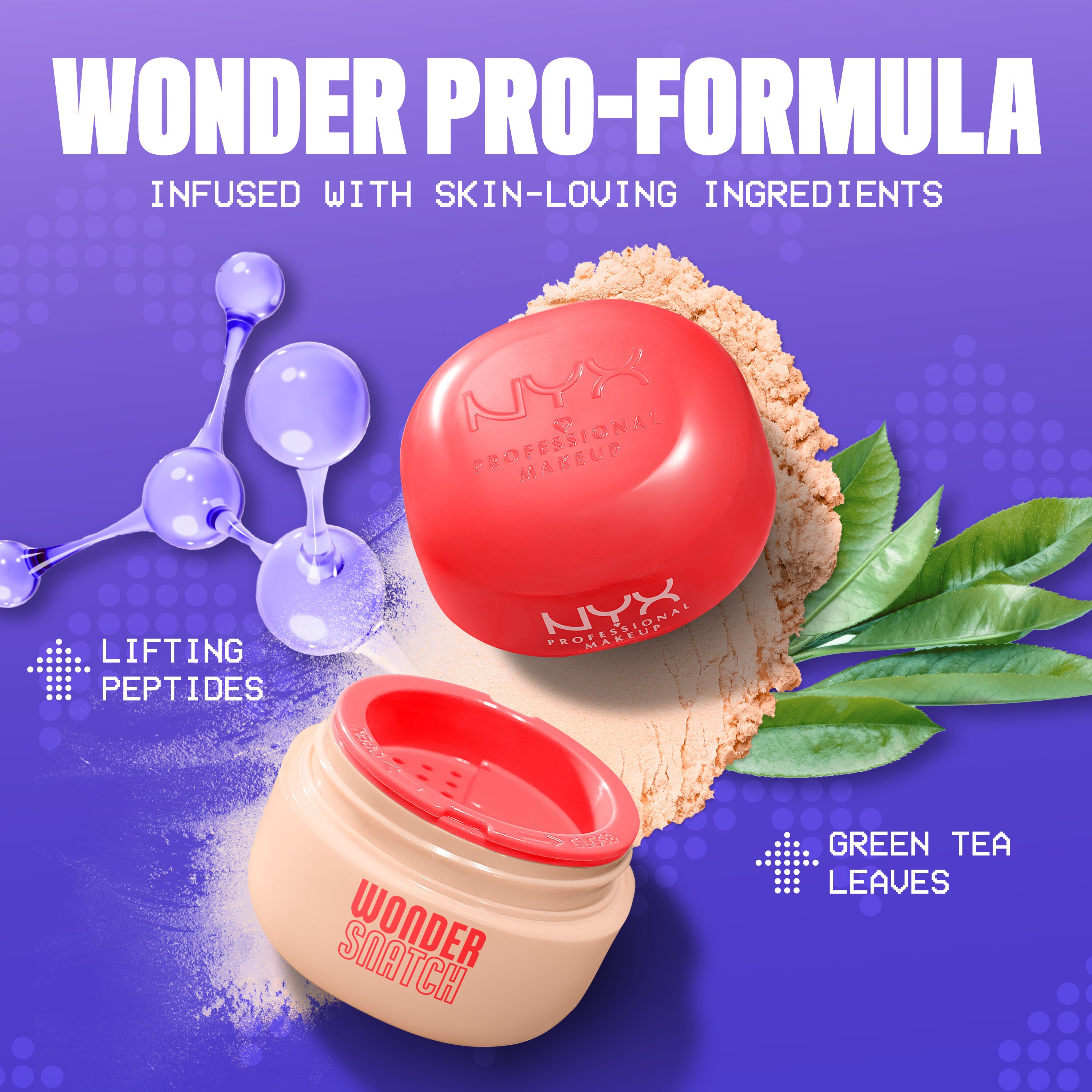 Open Wonder Snatch Setting Powder in translucent light shade Sugar Serve with spilled powder, green tea leaves, and peptides