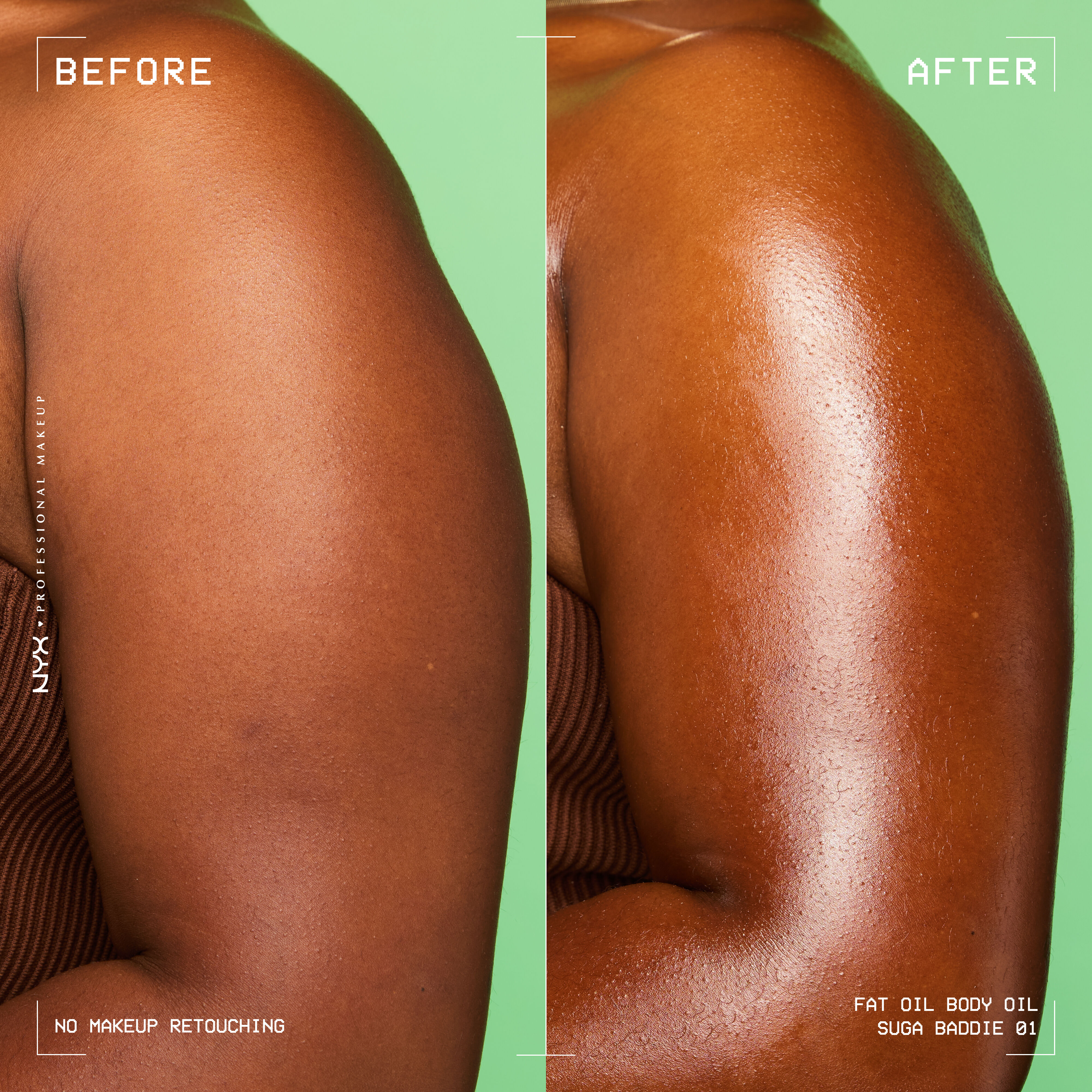Close-up of model's arm before and after body oil application on lime green background. After shows high-shine finish on model's skin.