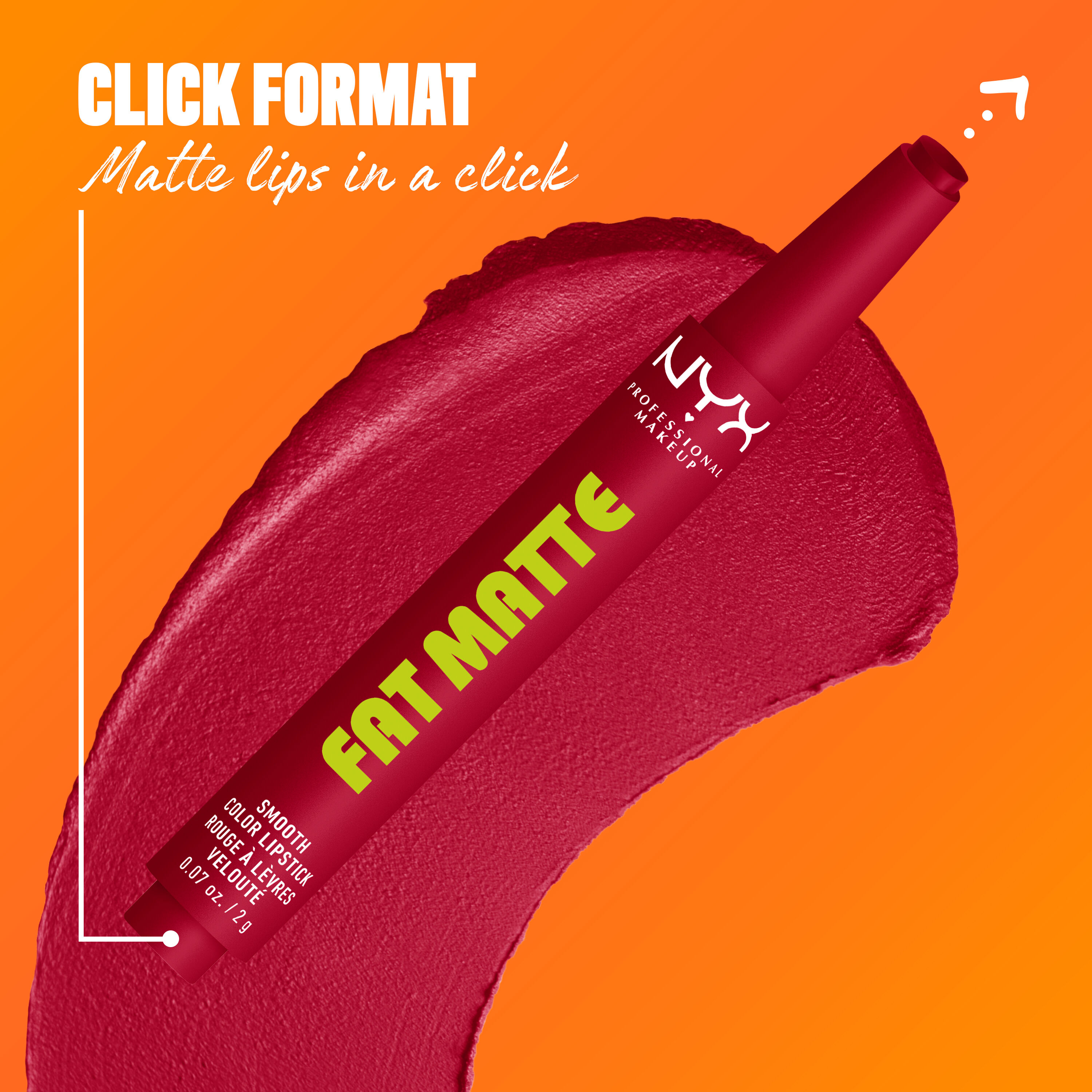 NYX Professional Makeup Fat Matte Smooth Color Lipstick in ruby shade Scarlet Snuggles, showing the click-pen applicator format and shade swatch, highlighting easy, mess-free matte lipstick application.
