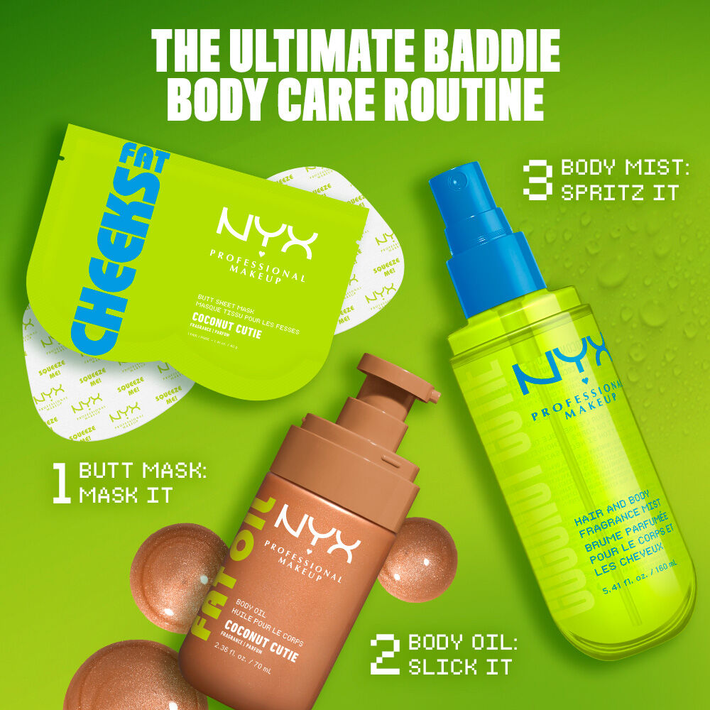 NYX Professional Makeup Coconut Cutie body care routine on a lime green background with bronze and clear liquid droplets: Fat Cheeks butt mask, Fat Oil body oil, and hair & body fragrance mist. Text reads: 1 Butt Mask: mask it, 2 Body Oil: slick it, 3 Body Mist: spritz it.