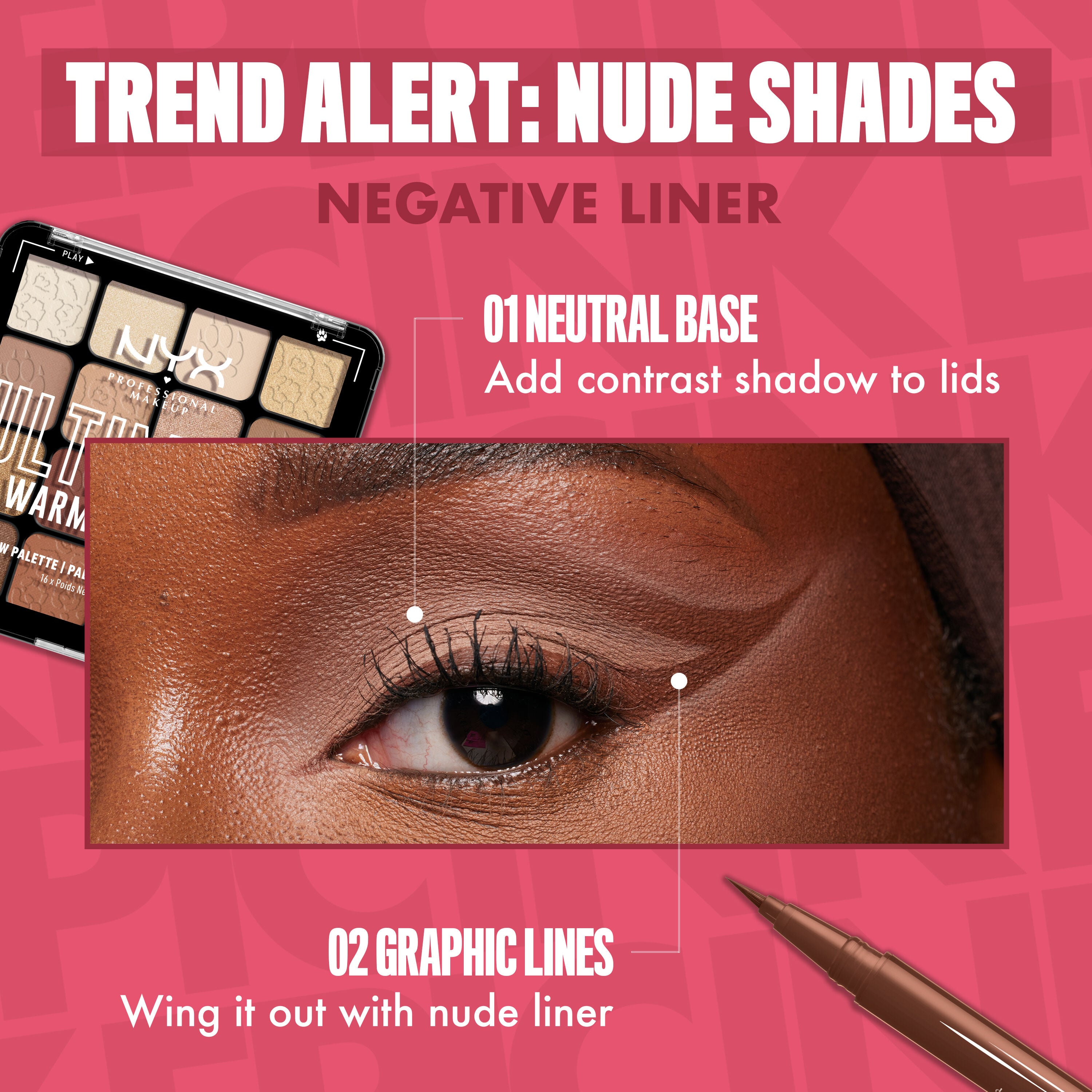 Graphic showing 2-step liner look: neutral base with contrasting shadow on lids, plus a liner wing with nude liner