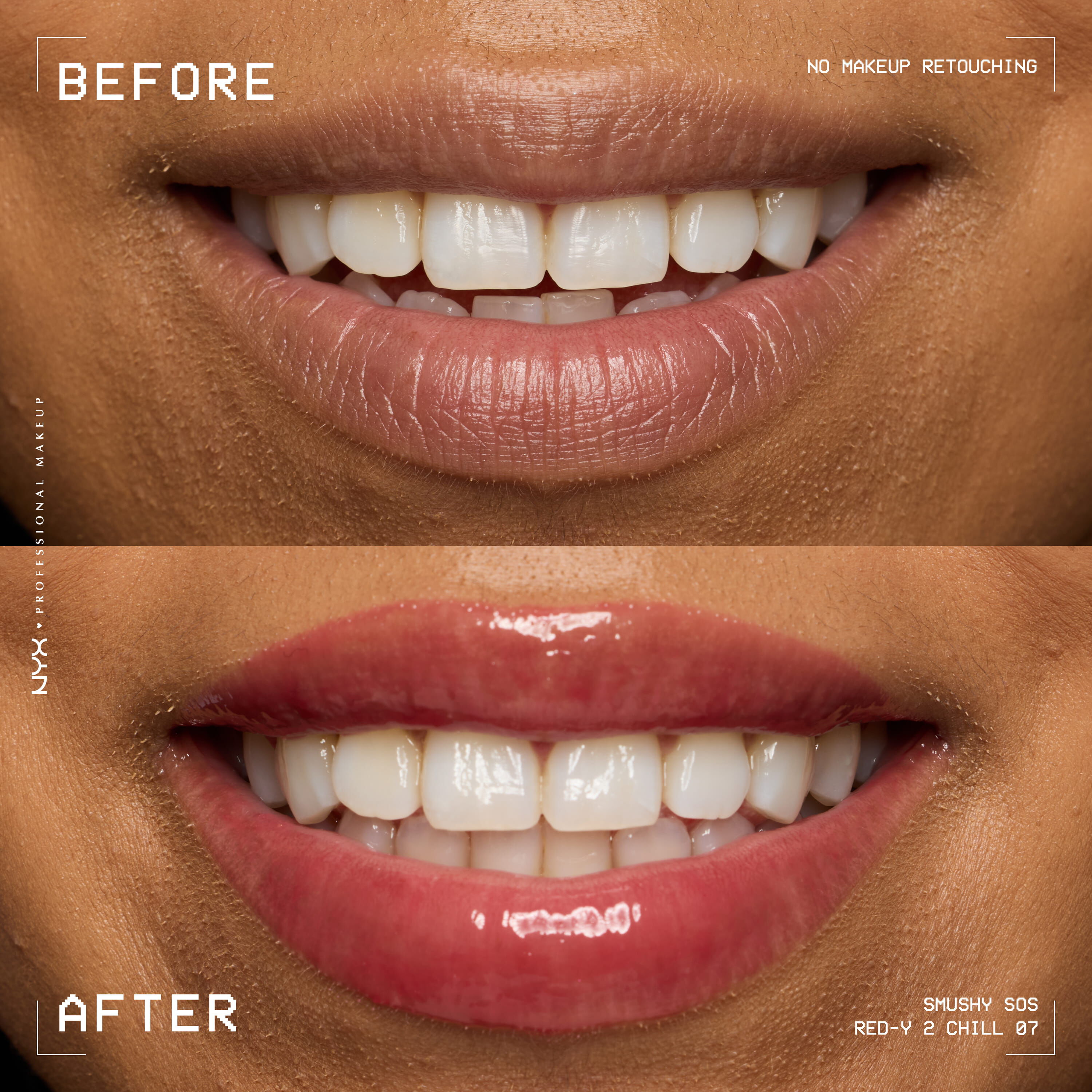 Before and after of dry lips vs glossy hydrated lips with NYX Professional Makeup Smushy SOS lip mask in Red-Y 2 Chill
