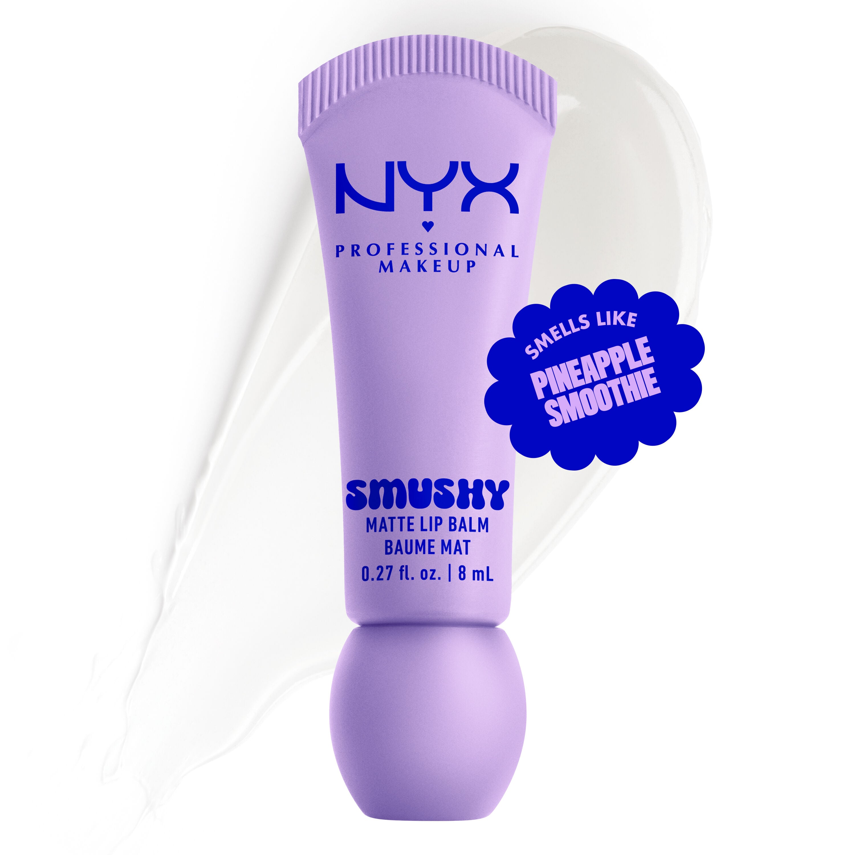 Smushy Matte Lip Balm in clear shade Sugar Smush on white background with lip balm color swatch