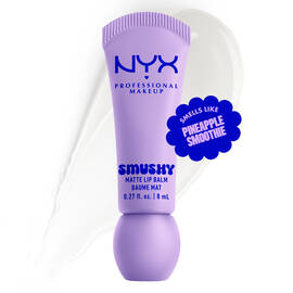Smushy Matte Lip Balm in clear shade Sugar Smush on white background with lip balm color swatch