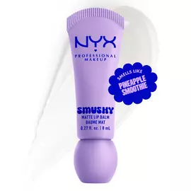 Smushy Matte Lip Balm in clear shade Sugar Smush on white background with lip balm color swatch