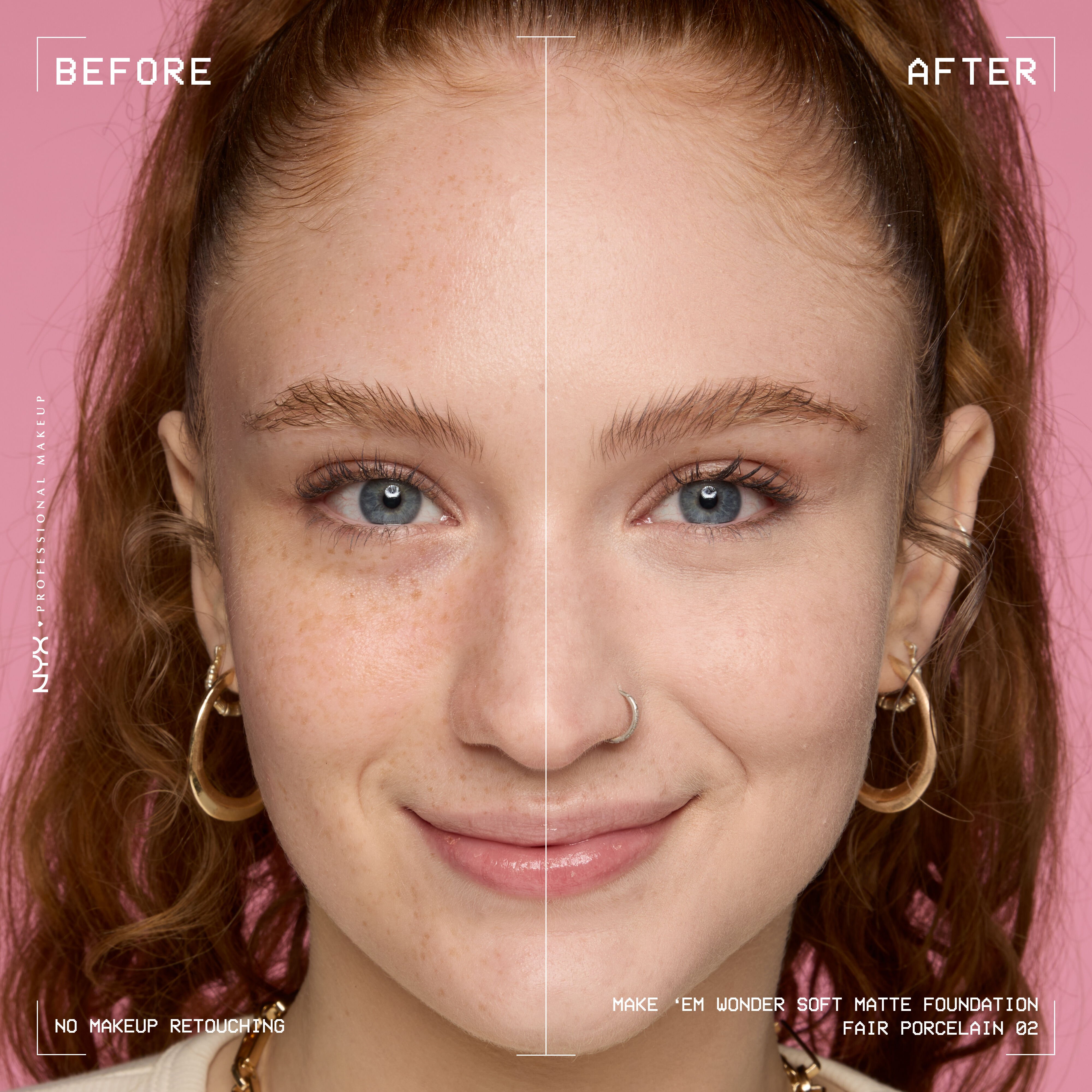 Before-and-after model wearing NYX Make ’Em Wonder Foundation shade 02 Fair Porcelain, text overlay “Before / After.”