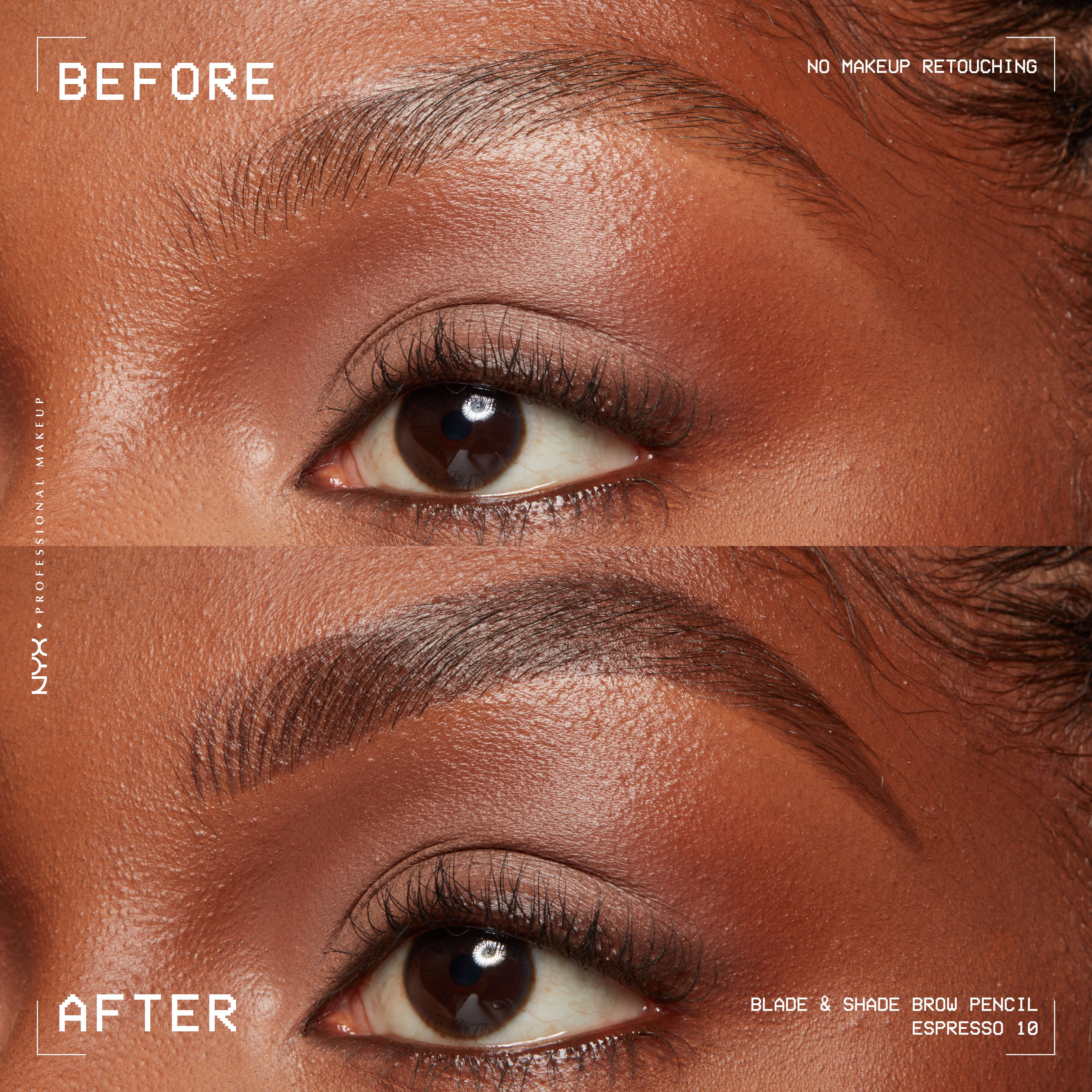 closeup before and after of Blade & Shade Nano Brow Pencil on light brown eyebrow