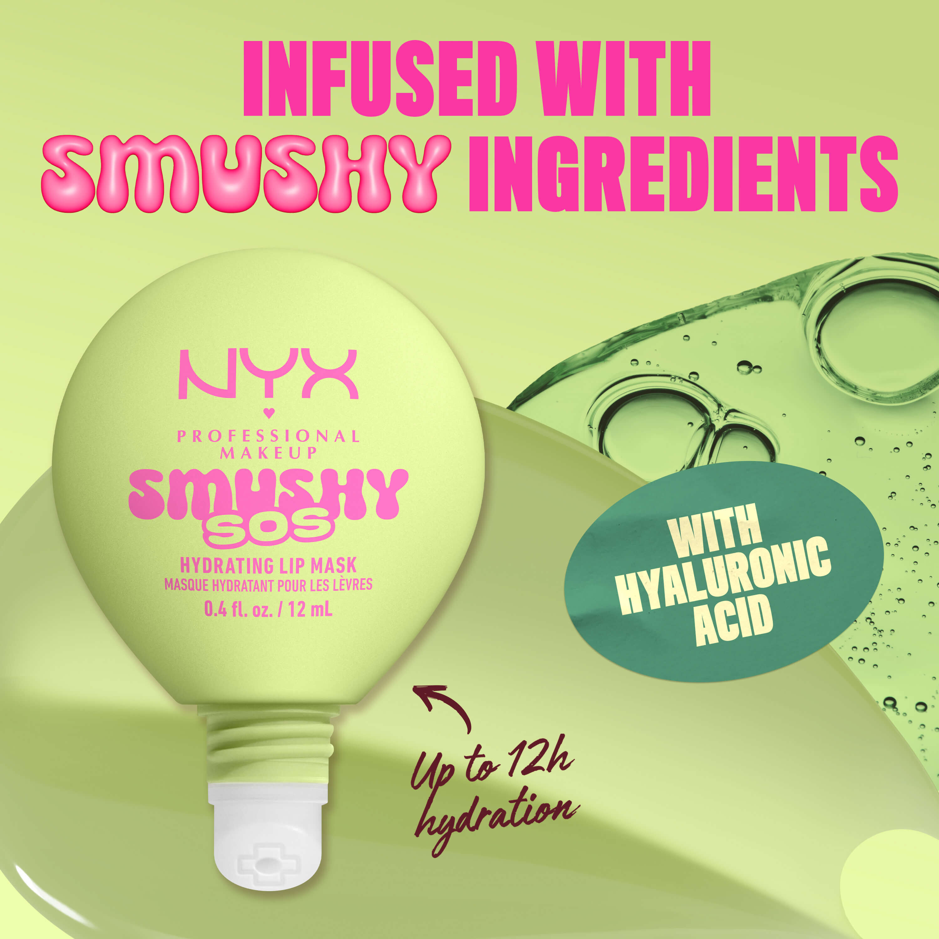 Promotional image for NYX Professional Makeup Smushy SOS Hydrating Lip Mask highlighting hydrating ingredients and up to 12 hours of hydration.