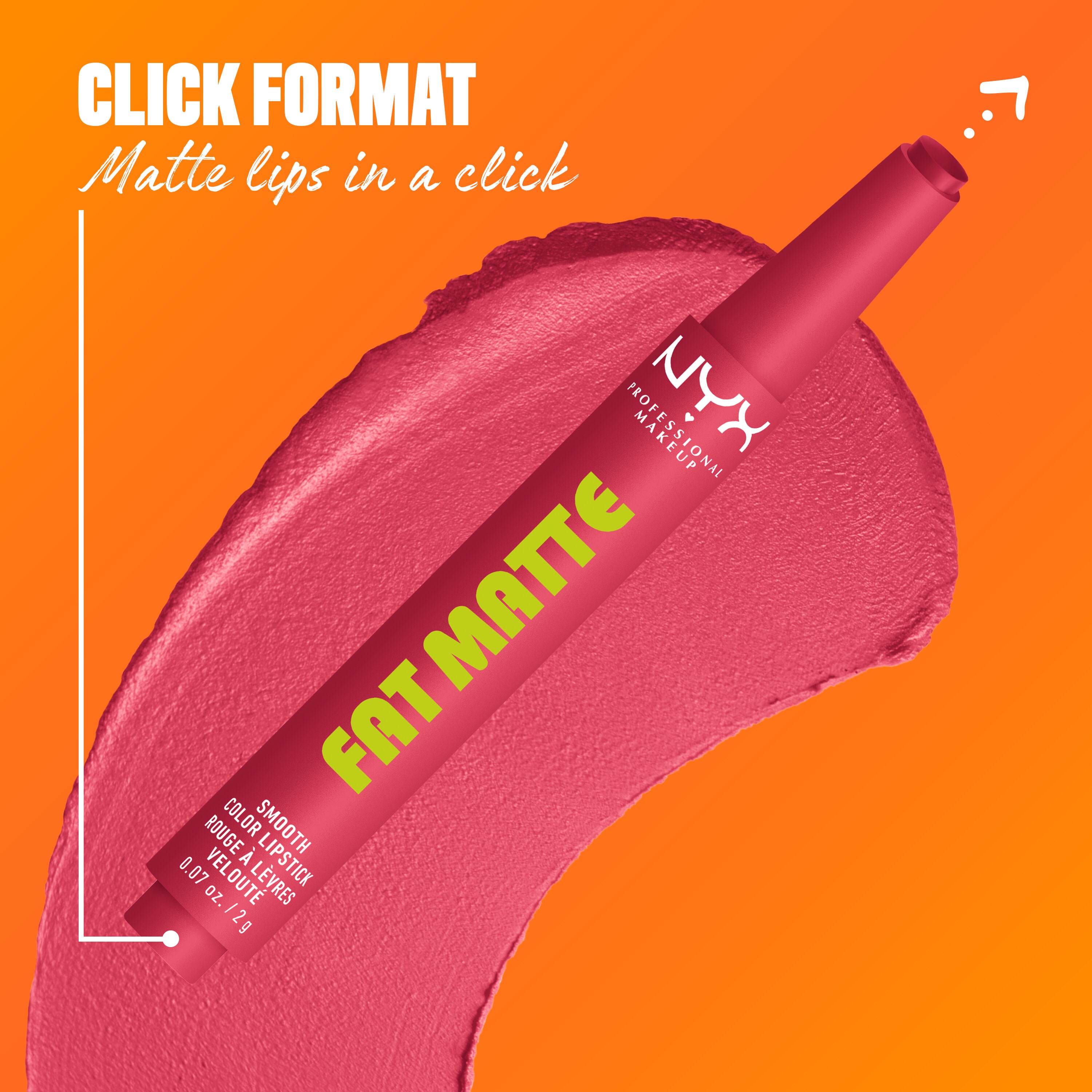 NYX Professional Makeup Fat Matte Smooth Color Lipstick in cool pink shade Pink Puff, showing the click-pen applicator format and shade swatch, highlighting easy, mess-free matte lipstick application.