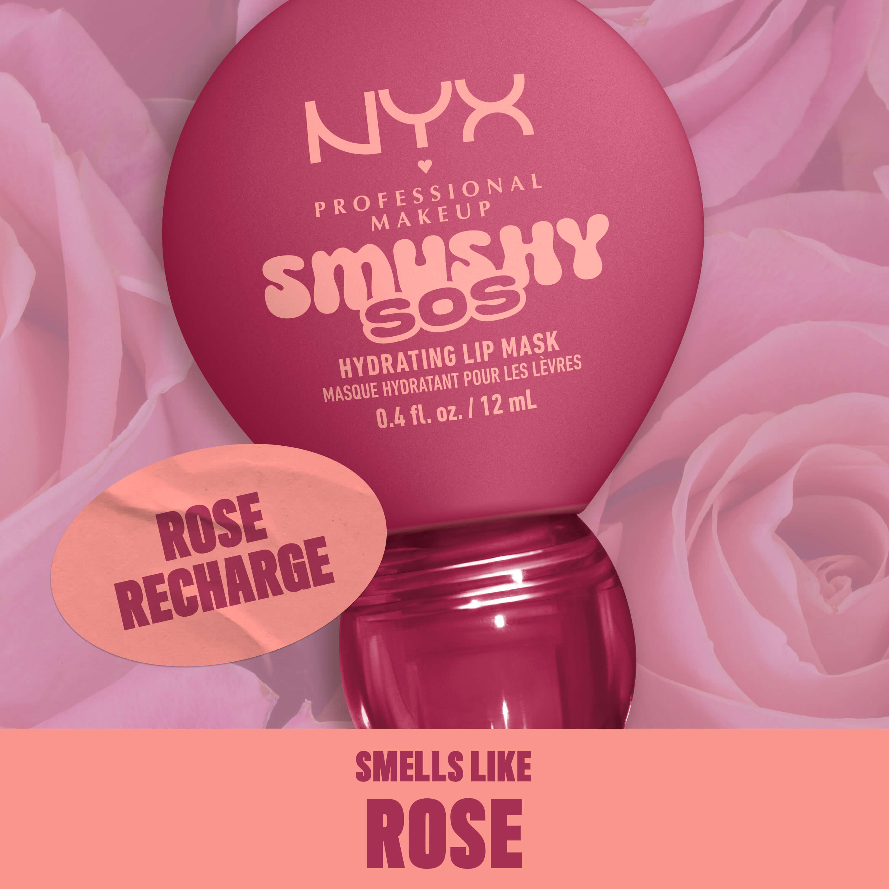NYX Professional Makeup Smushy SOS lip mask in Rose Recharge with pink roses, scented like rose