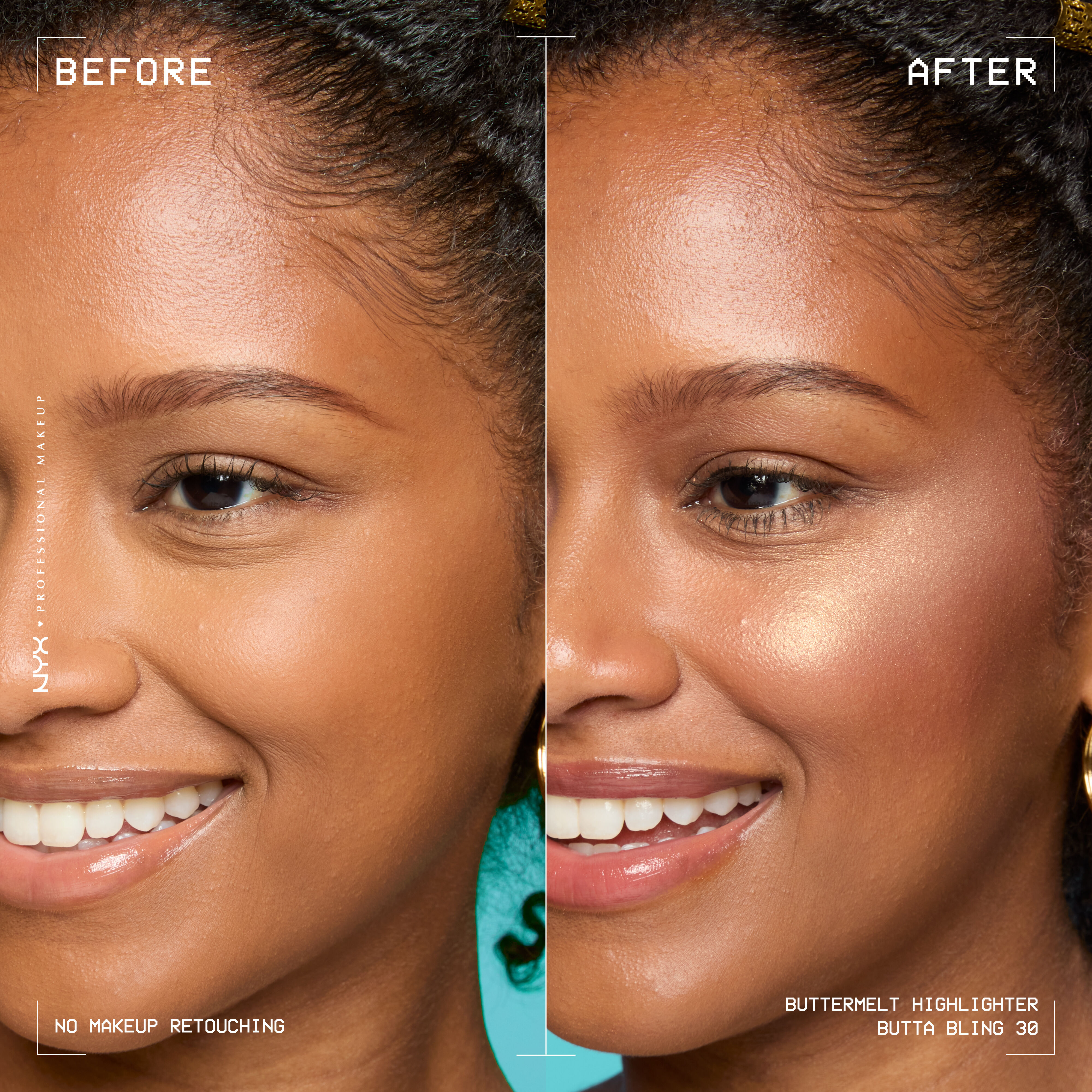 Buttermelt Highlighter in shade Butta Bling before and after on a model
