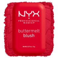Closed NYX Professional Makeup Buttermelt Blush compact in 5.5 Butta Cherry Pop, a bright cherry red highly pigmented powder blush, shown beside a matching red powder swatch.