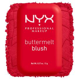 Closed NYX Professional Makeup Buttermelt Blush compact in 5.5 Butta Cherry Pop, a bright cherry red highly pigmented powder blush, shown beside a matching red powder swatch.