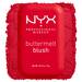 Closed NYX Professional Makeup Buttermelt Blush compact in 5.5 Butta Cherry Pop, a bright cherry red highly pigmented powder blush, shown beside a matching red powder swatch.