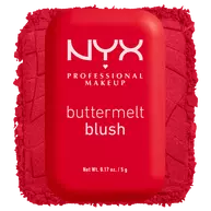 Closed NYX Professional Makeup Buttermelt Blush compact in 5.5 Butta Cherry Pop, a bright cherry red highly pigmented powder blush, shown beside a matching red powder swatch.