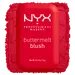 Closed NYX Professional Makeup Buttermelt Blush compact in 5.5 Butta Cherry Pop, a bright cherry red highly pigmented powder blush, shown beside a matching red powder swatch.