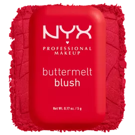 Closed NYX Professional Makeup Buttermelt Blush compact in 5.5 Butta Cherry Pop, a bright cherry red highly pigmented powder blush, shown beside a matching red powder swatch.